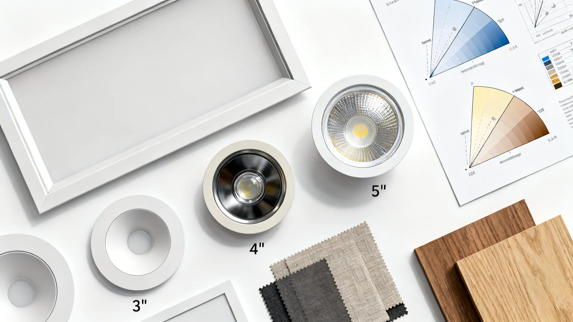 Top-down flatlay of recessed trim styles and beam-angle diagrams for 3, 4, and 5-inch trims.