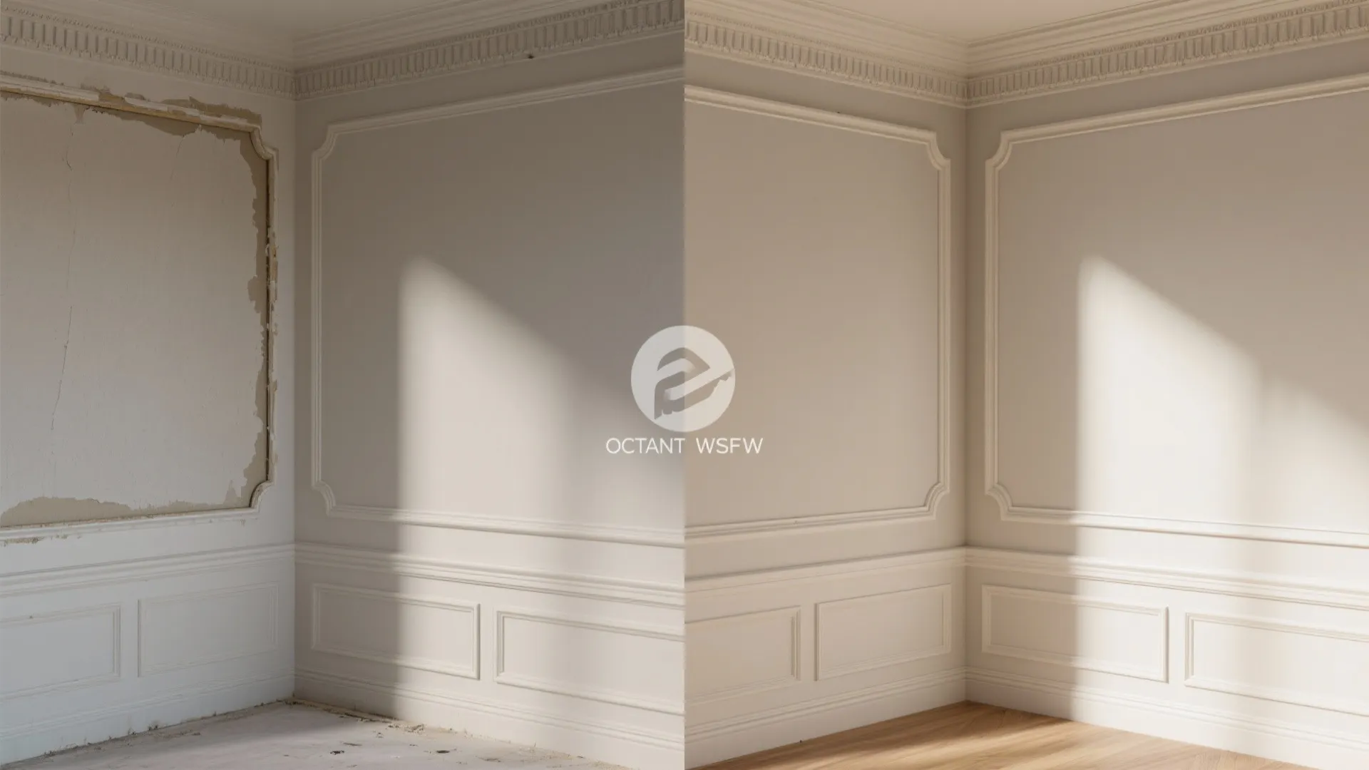 Before and after comparison of damaged wall versus new wall panel and decorative trim molding