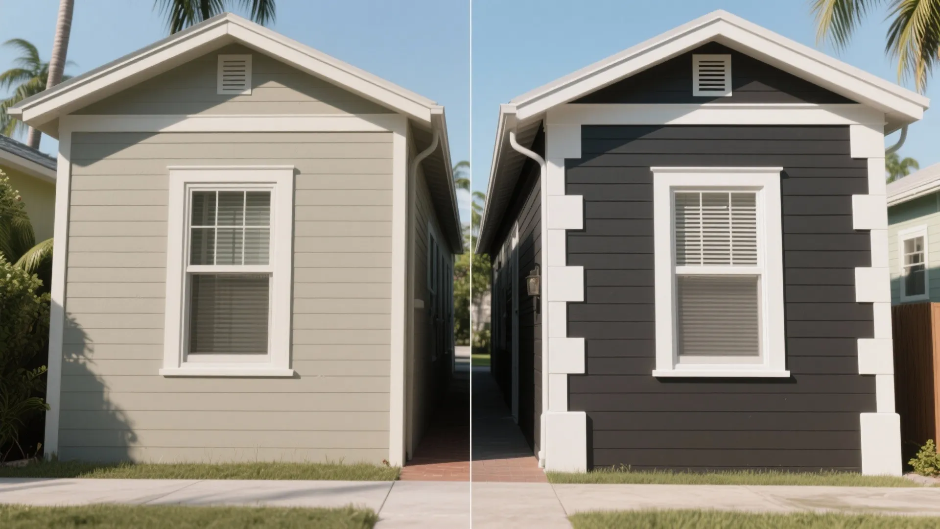 Split before-and-after of a compact façade showing high-contrast trim that visually widens the house.