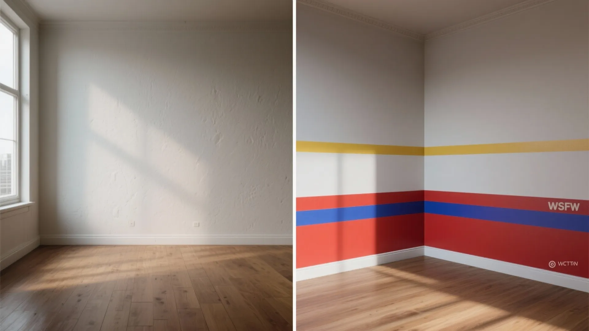 Split view showing a room before and after painting only the trim for a modern update.