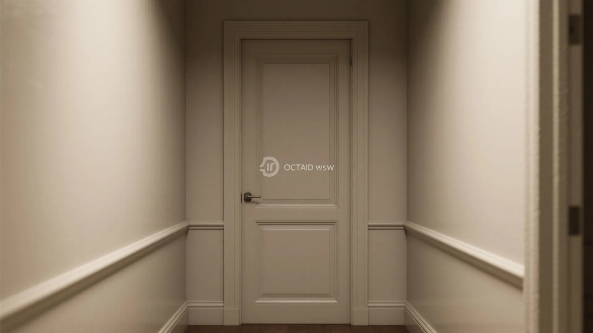 Minimalist hallway view showing a white door with wall panel details and soft warm lighting