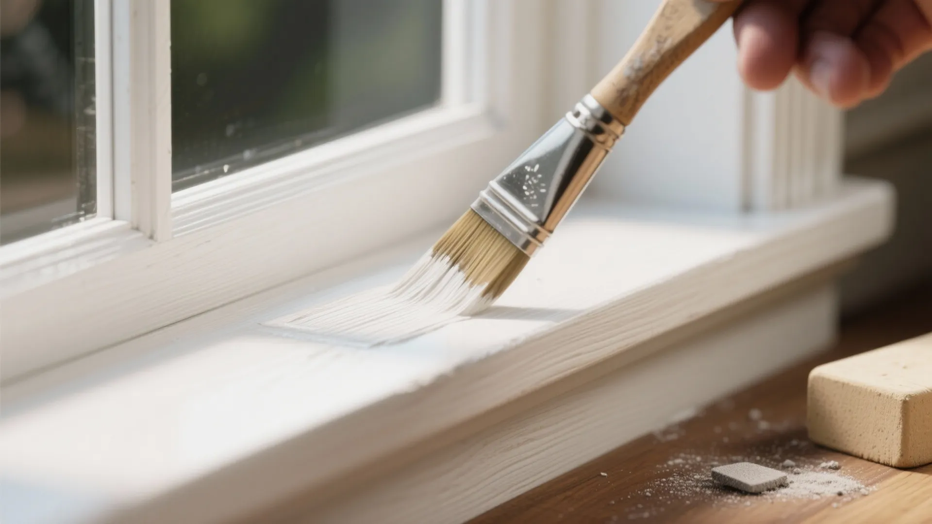 Hand holding a small brush to paint white color on a wooden window frame trim surface