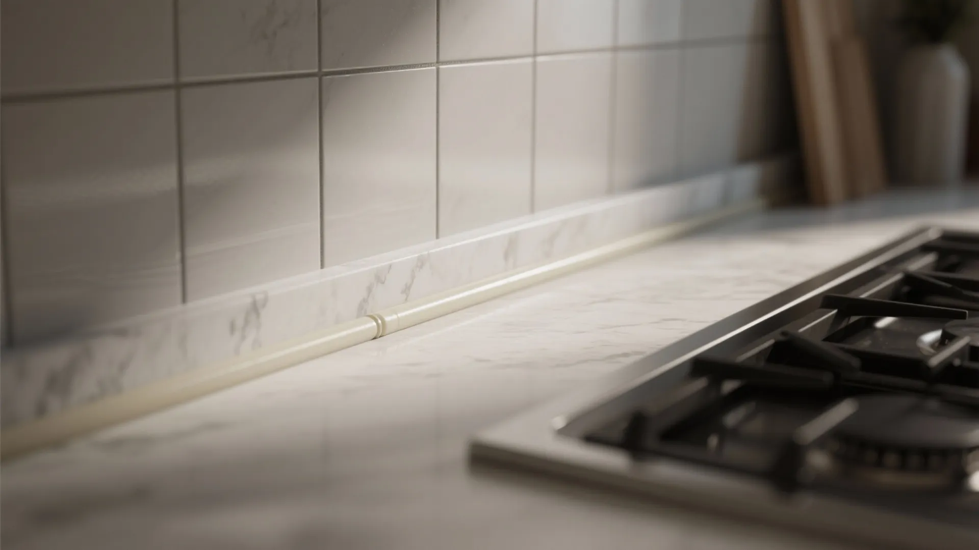 Close up of kitchen marble countertop with white wall tile and light colored sealing trim