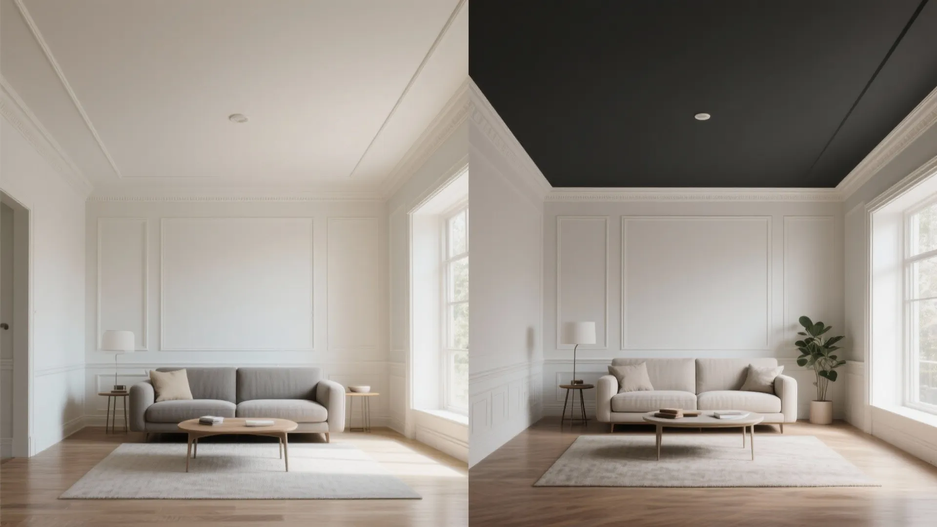 Comparison of white and black ceiling colors in a living room with sofa and table