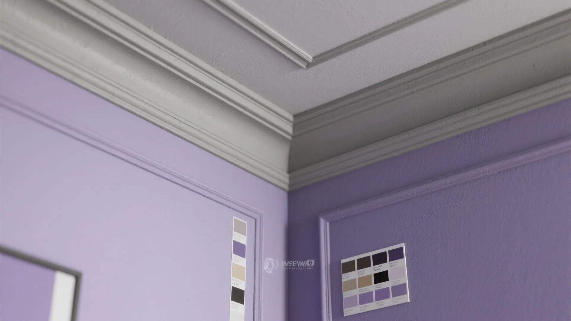 Close-up of white decorative ceiling crown molding and purple wall panels with small color swatches