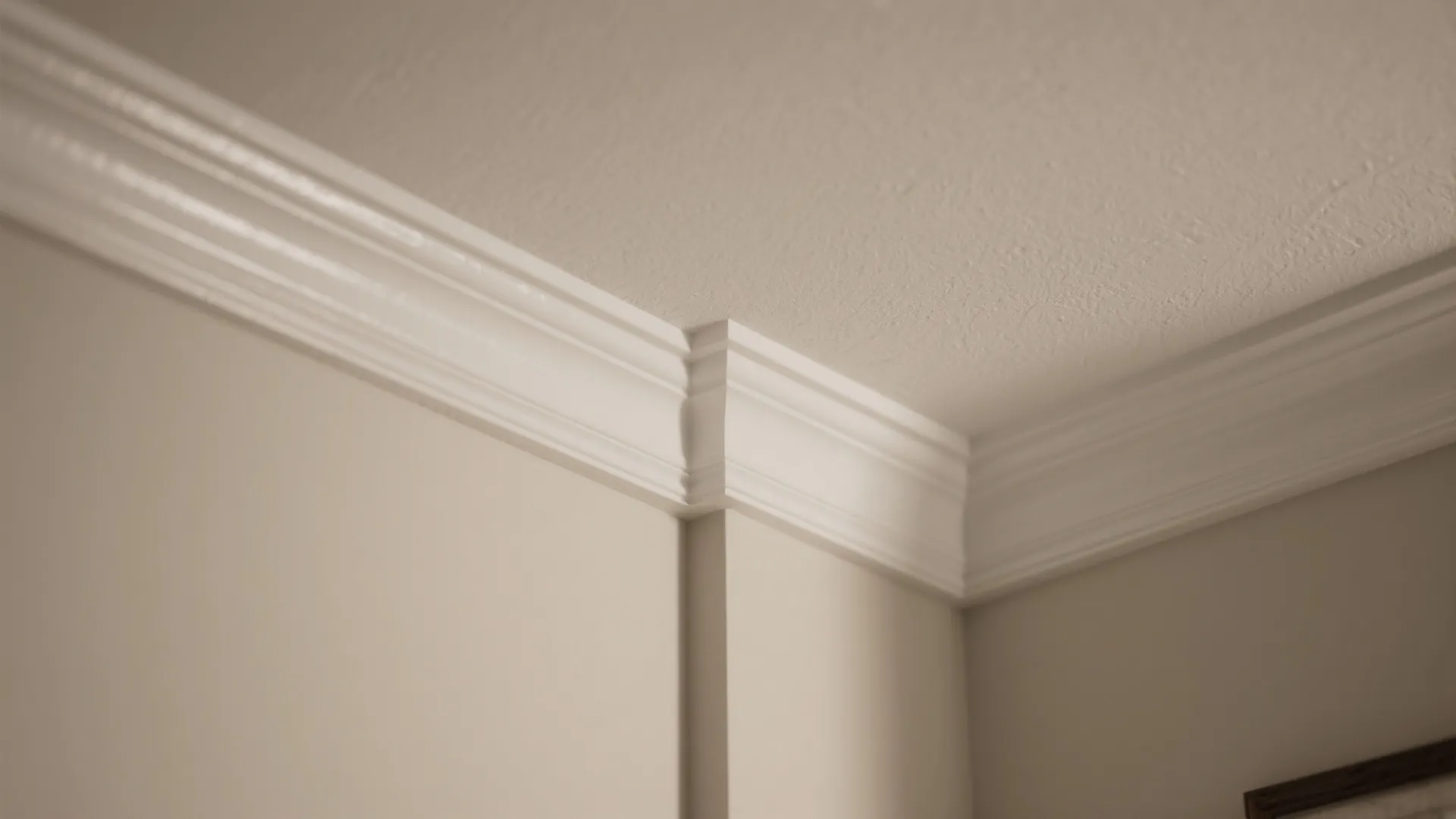 Close up view of white decorative wall panel trim meeting a plain beige plastered ceiling