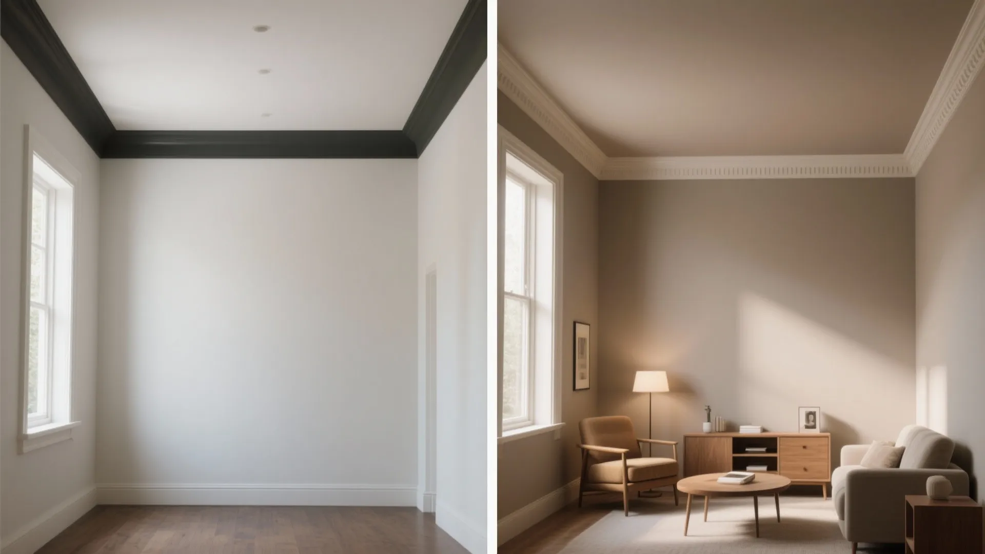 Before and after comparison showing empty room with black trim versus furnished warm living room