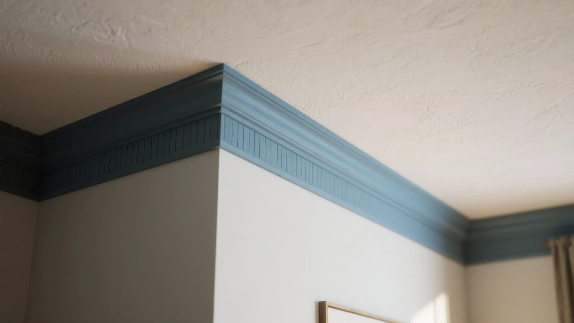 Detailed view of blue decorative wall panel trim at the corner of a white ceiling