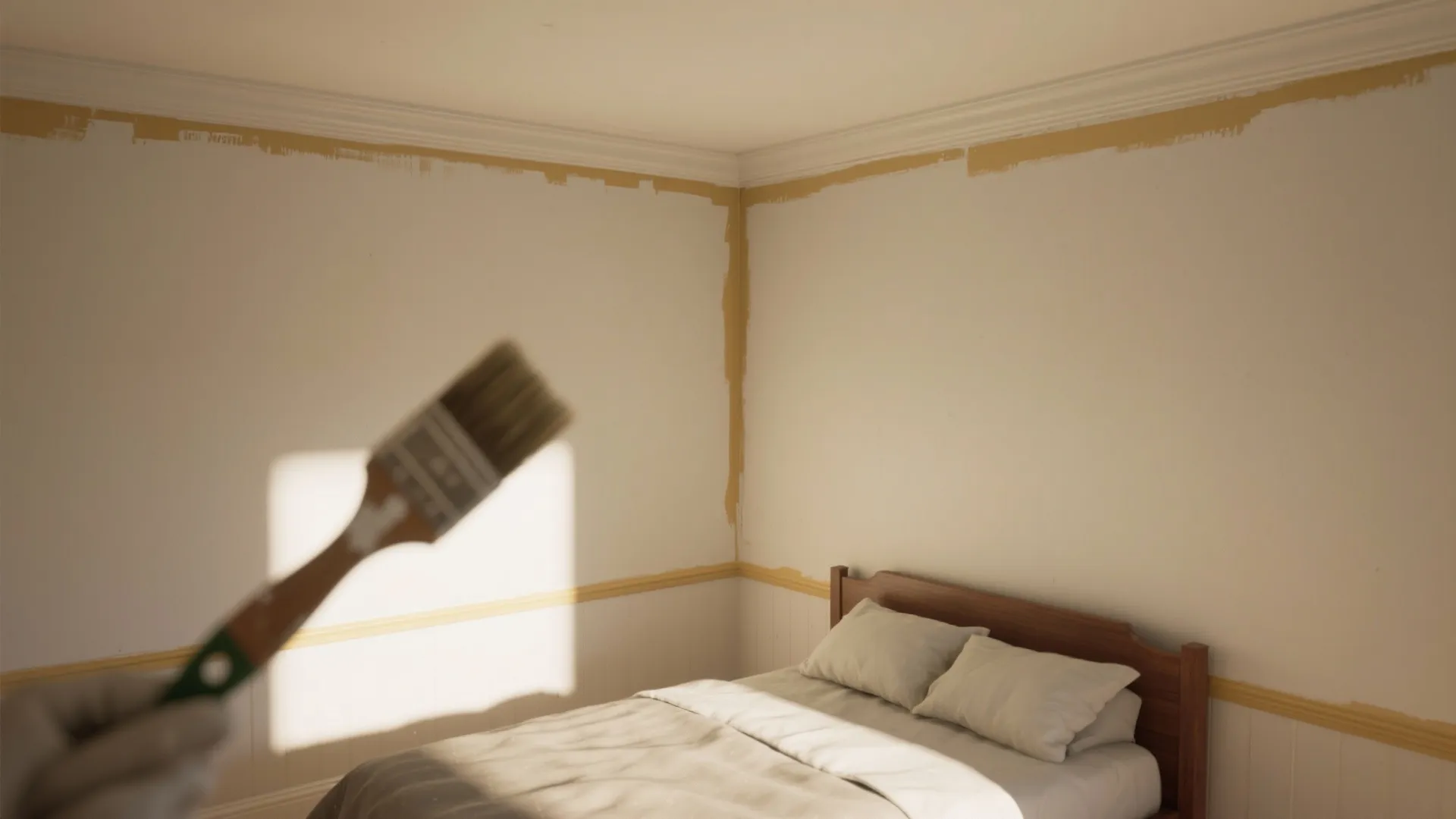 Person using a paint brush to apply yellow paint on bedroom walls with white wall panel