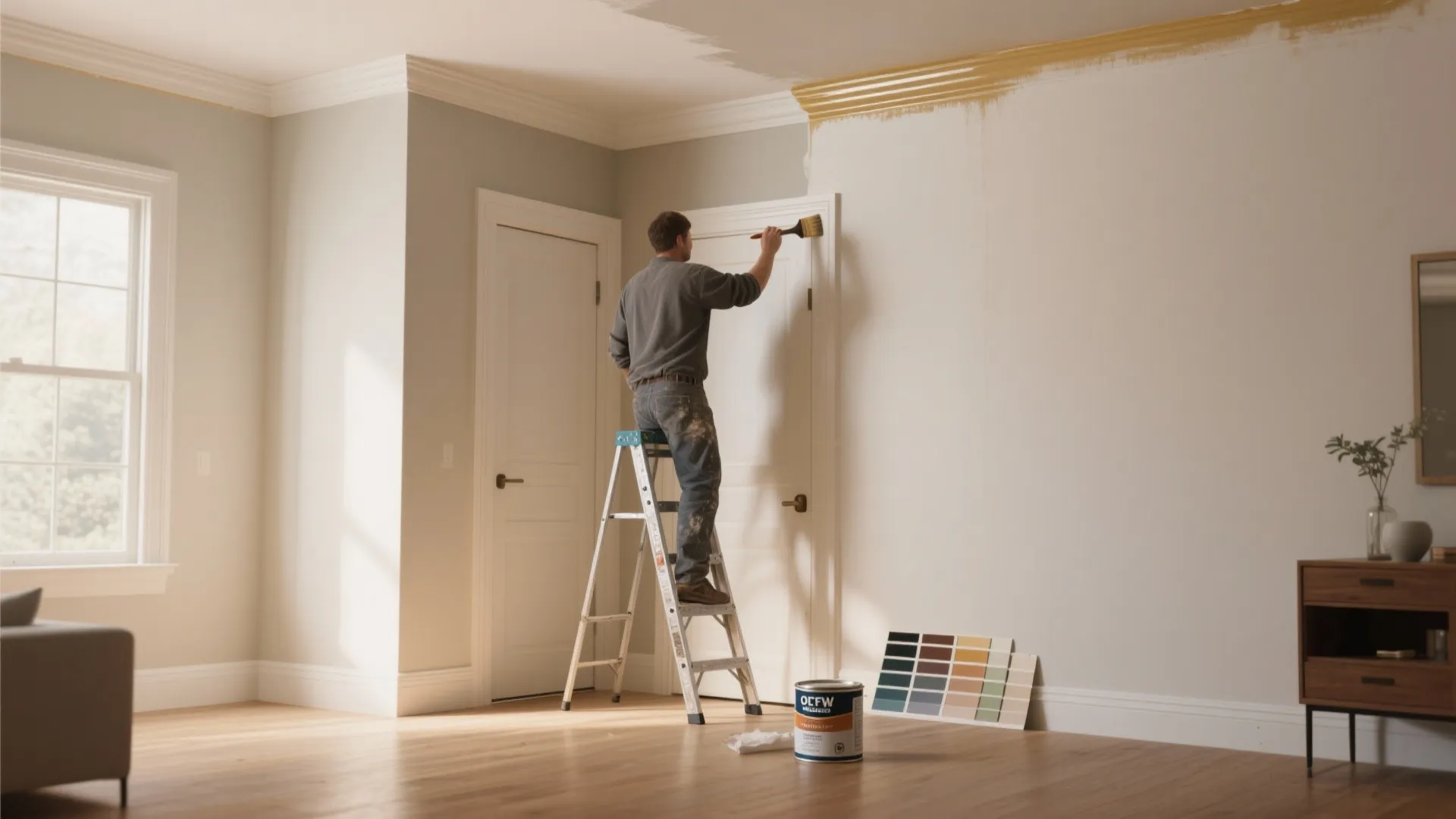 Man on a ladder painting white wall trim in a bright room with light floors