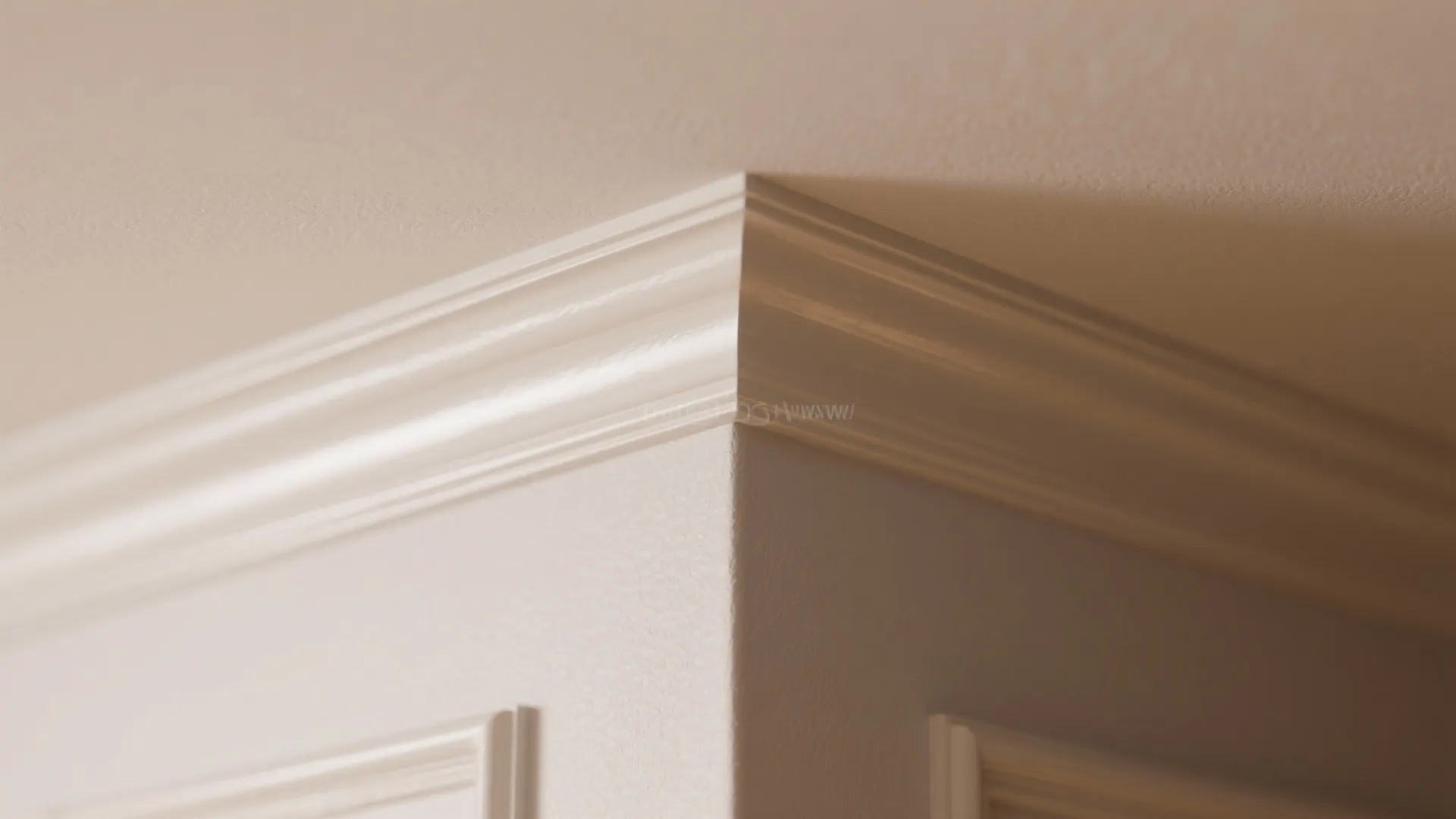 Close up of white decorative ceiling trim and wall panel design in a bright room