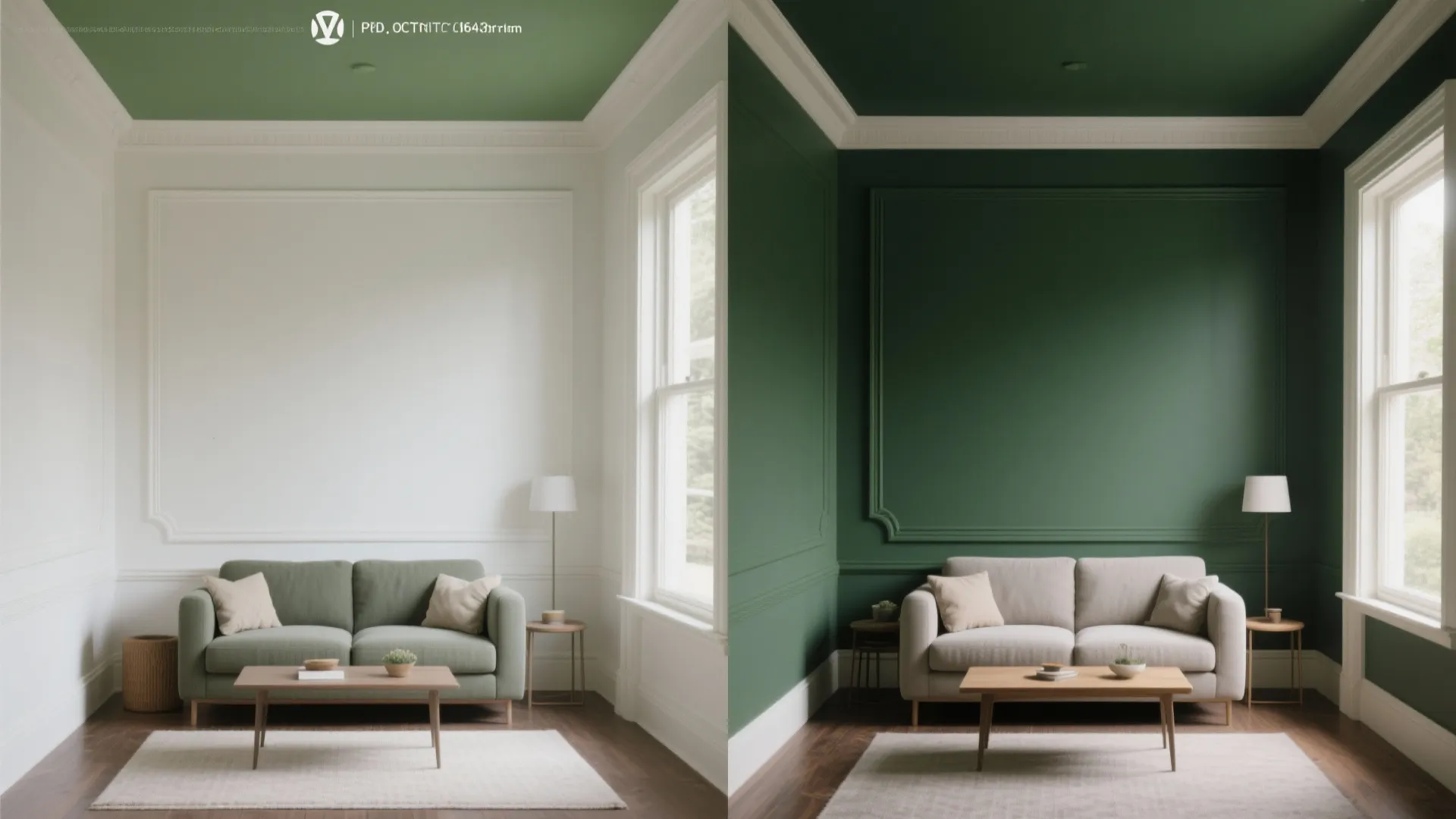 Split view showing before and after: white trim and ceiling versus dark green painted trim and ceiling for architectural drama.