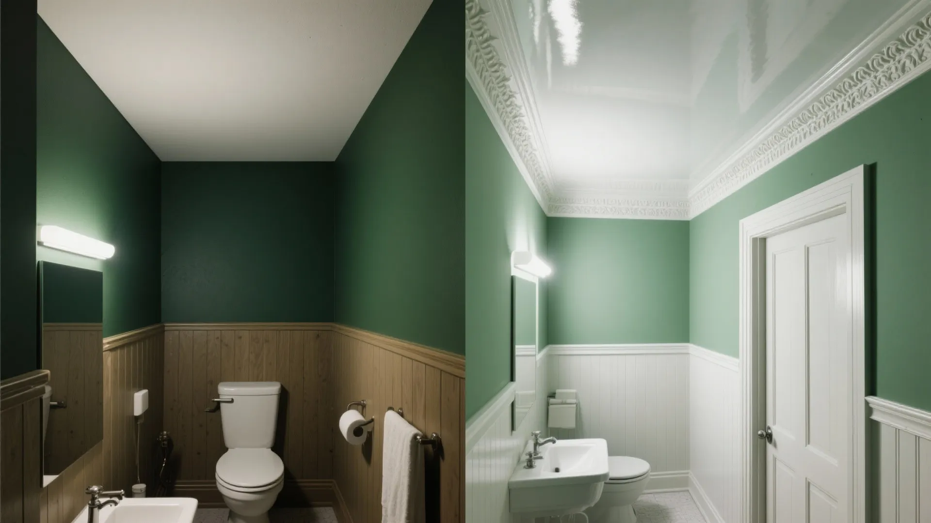 Before and after comparison of green bathroom with wood wall panel versus white wall panel