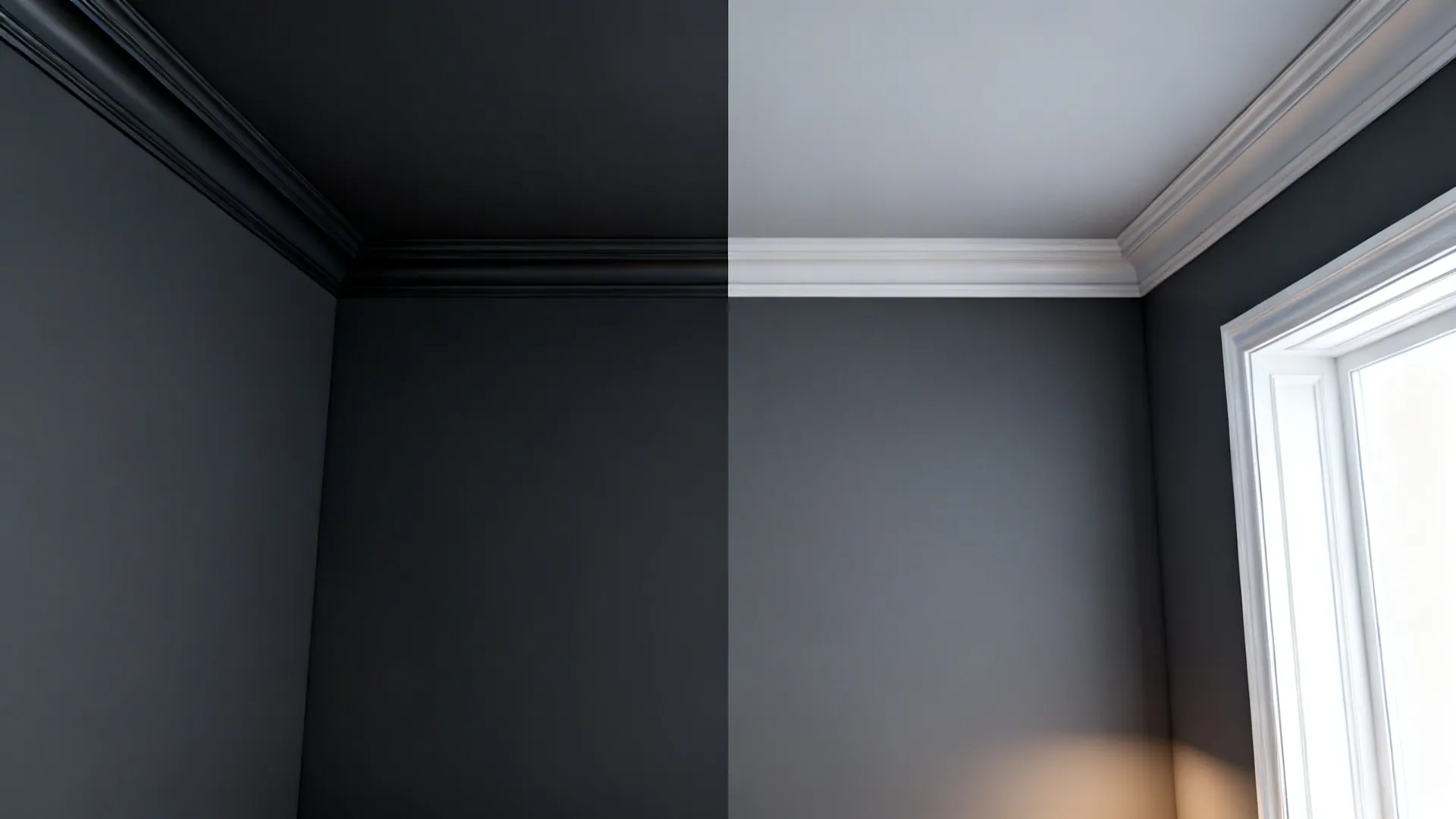 Before and after showing dark trim vs white trim and lighter ceiling with dark gray walls.