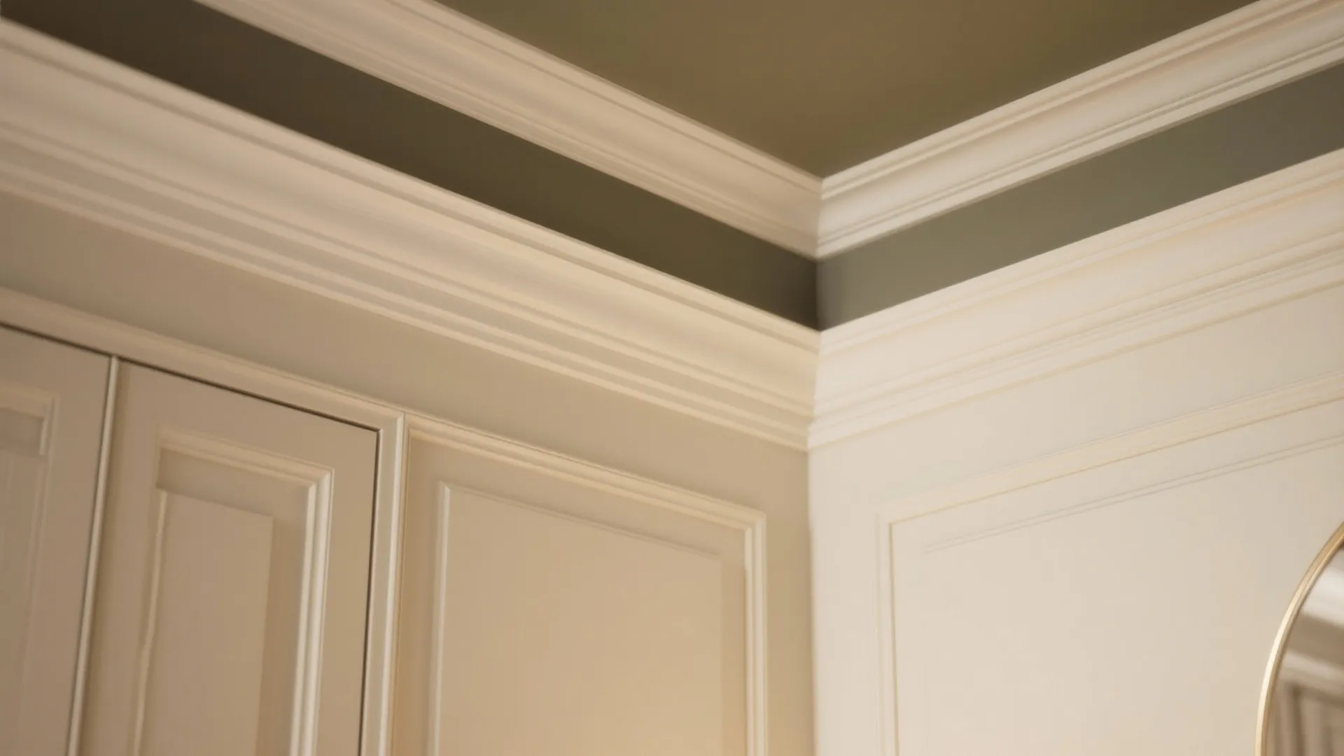 Close up of white ceiling crown molding and wall panel detail in a modern room