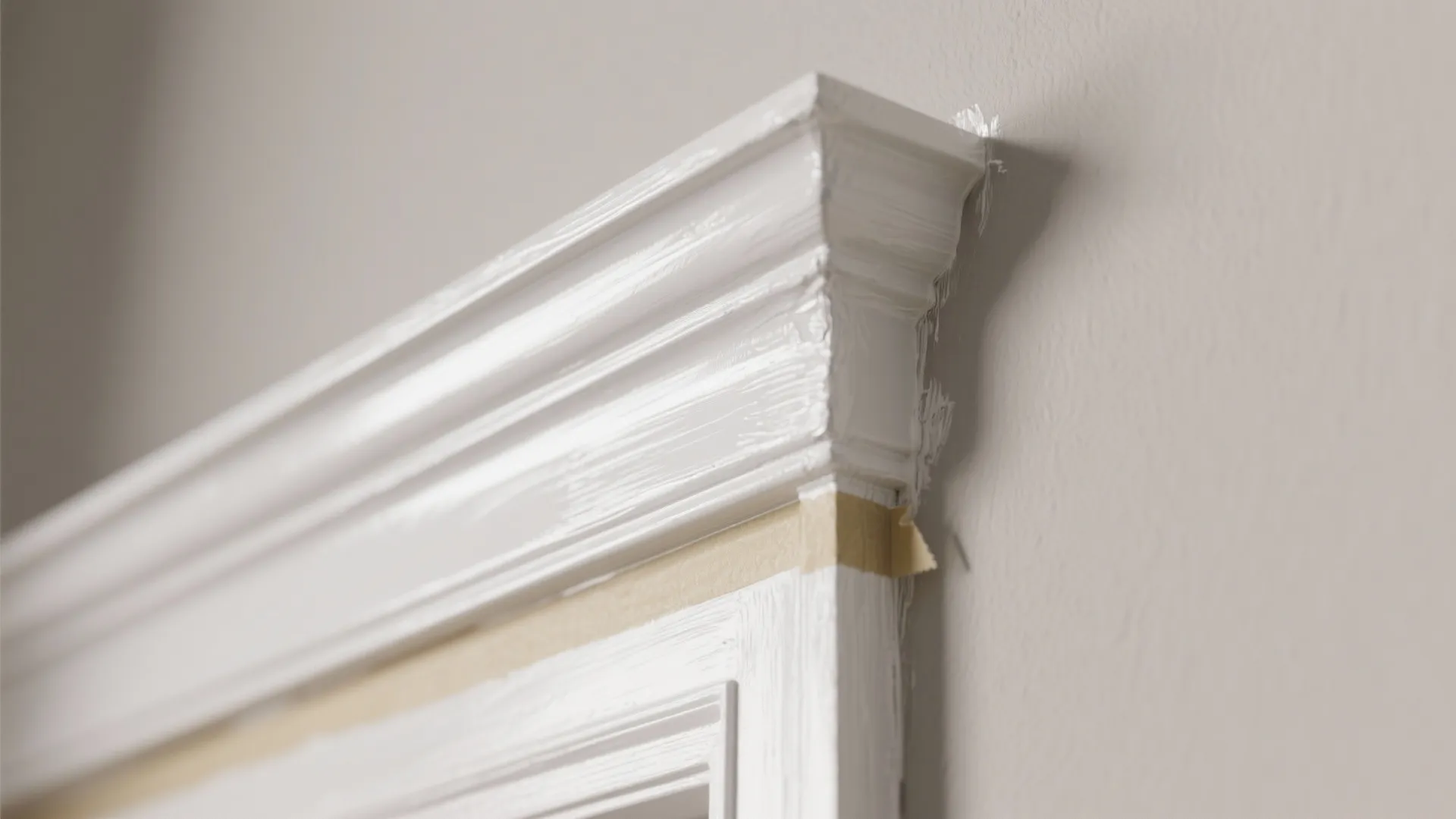 White wall panel trim detail with fresh paint and masking tape for a home renovation