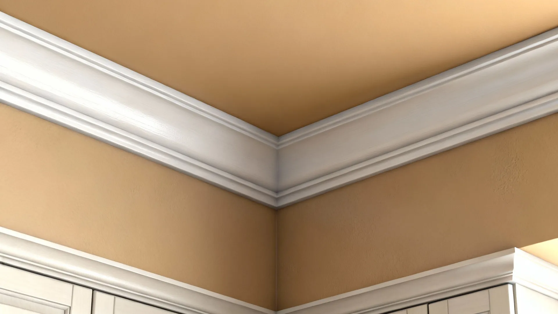 Detail showing trim in semi-gloss, matte ceiling, and satin kitchen wall finishes.