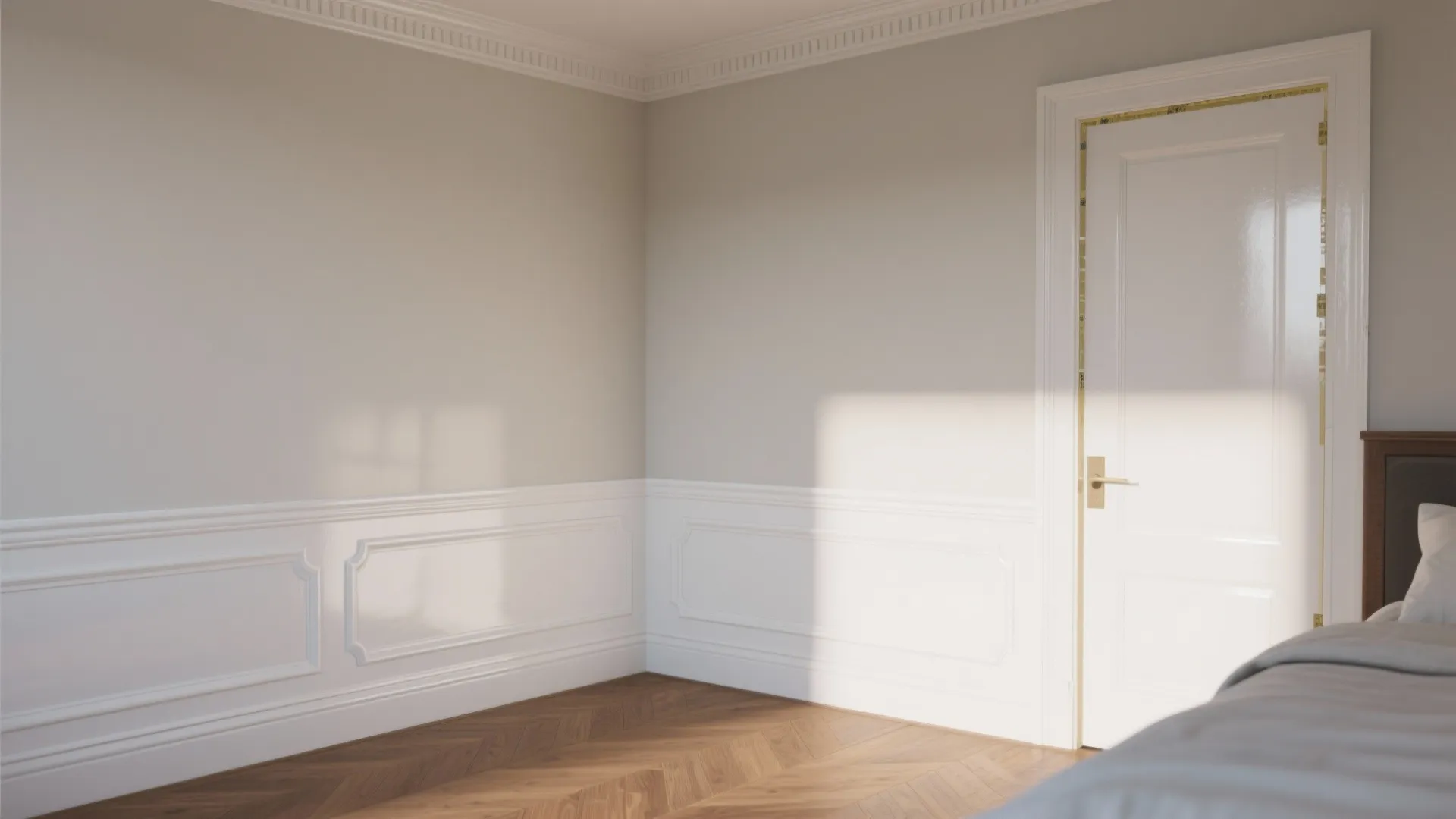 Empty room corner with white wall panel design wood herringbone flooring and a white door