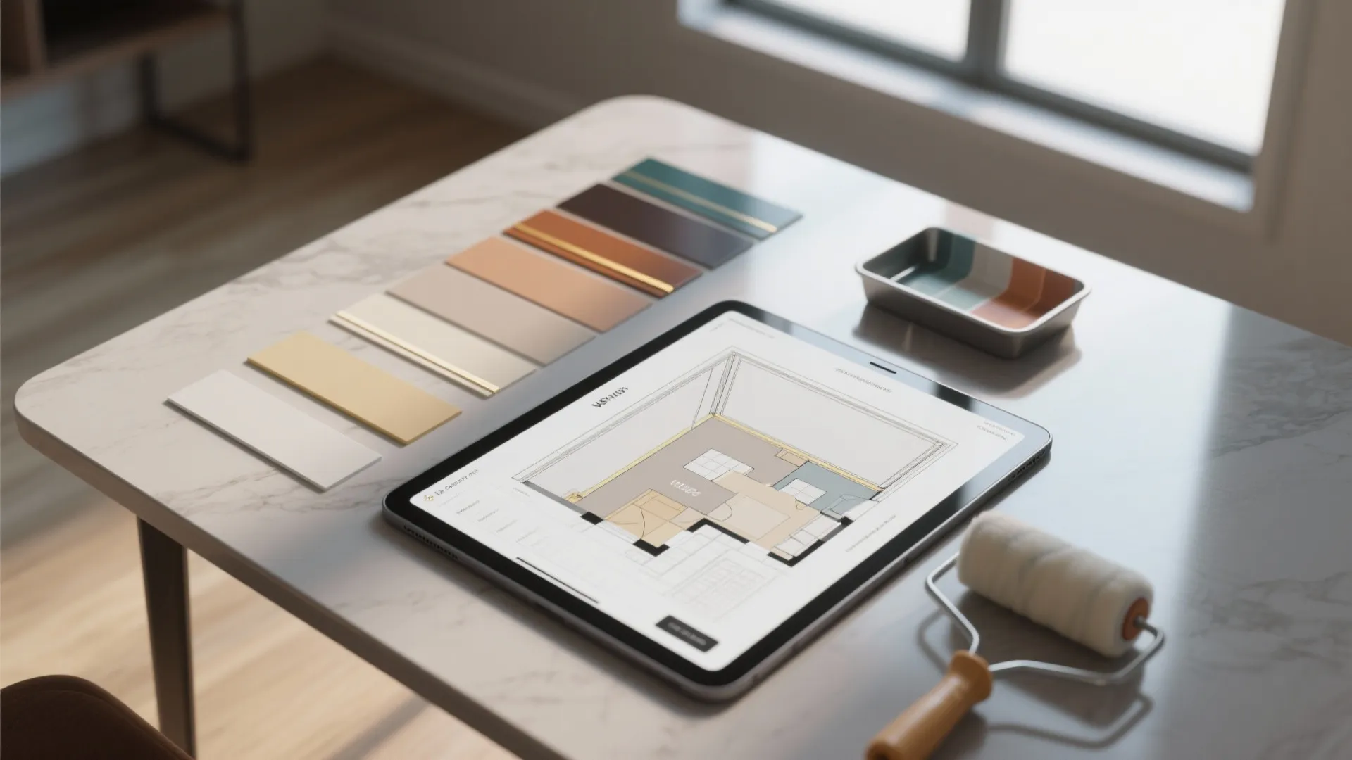 Tablet showing interior design drawing with color swatches and a paint roller on marble desk