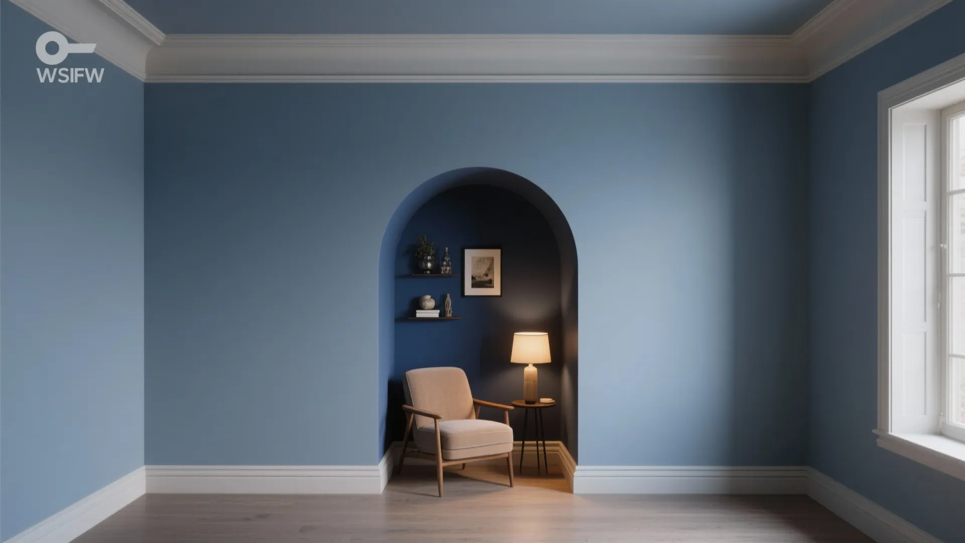 Blue living room with arched wall niche featuring a chair, side table, lamp, and window