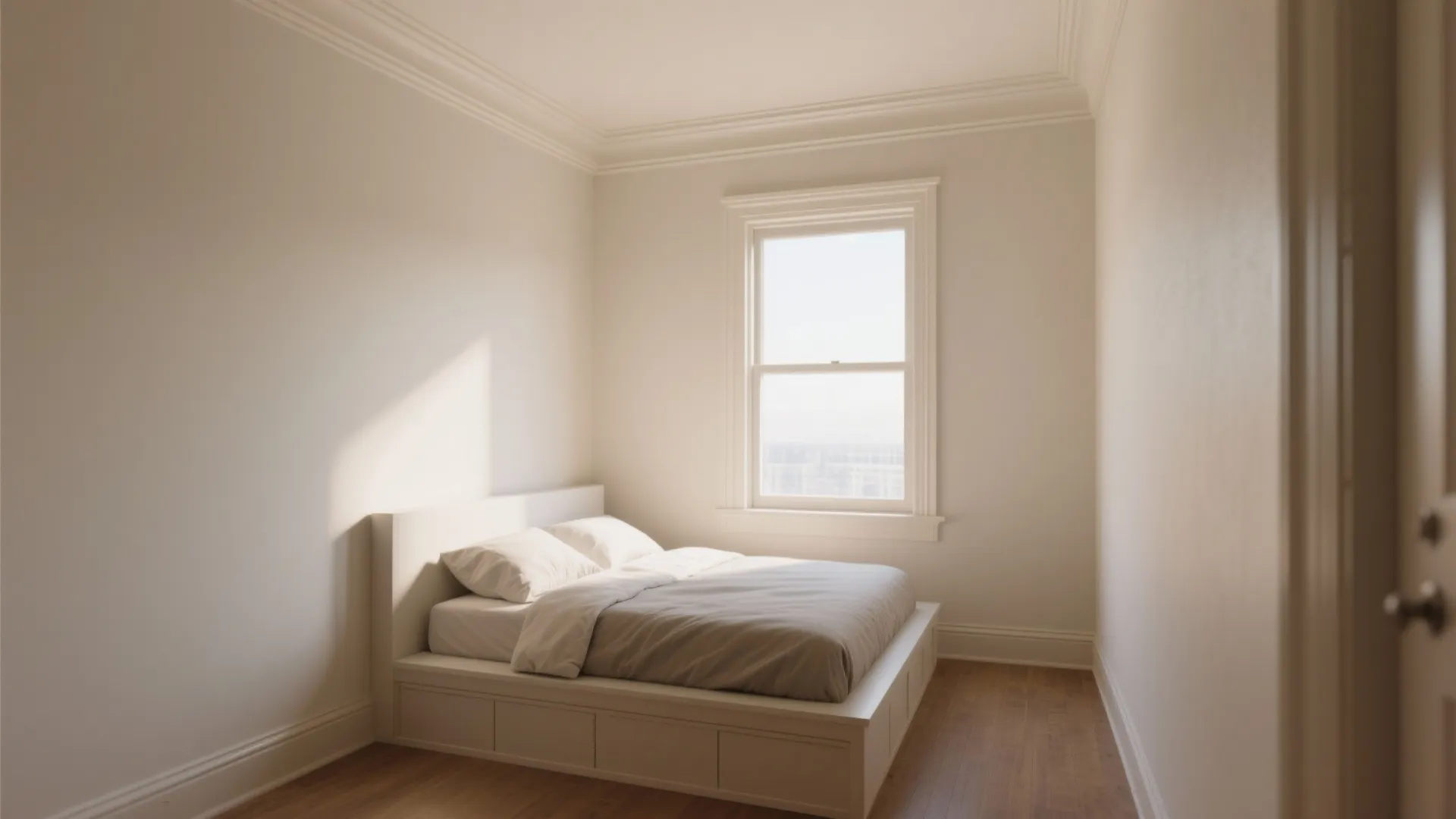 Minimalist white bedroom featuring bed with storage drawers, single window, wood floor, and natural light
