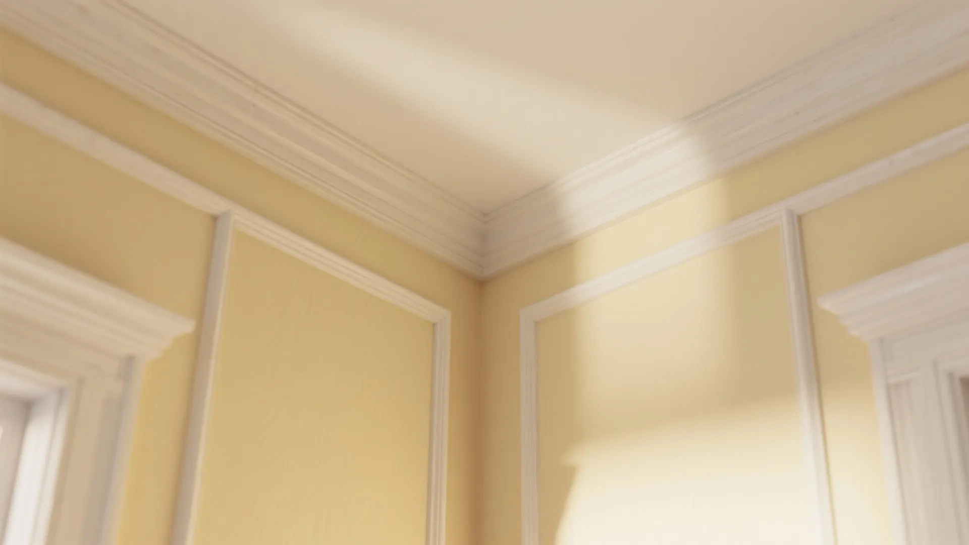Close up of white ceiling crown molding and wall panel decorative trim on light yellow walls