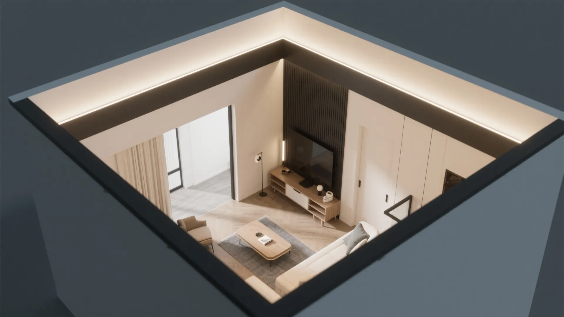 Interior design drawing showing a top view of a modern living room with hidden lighting