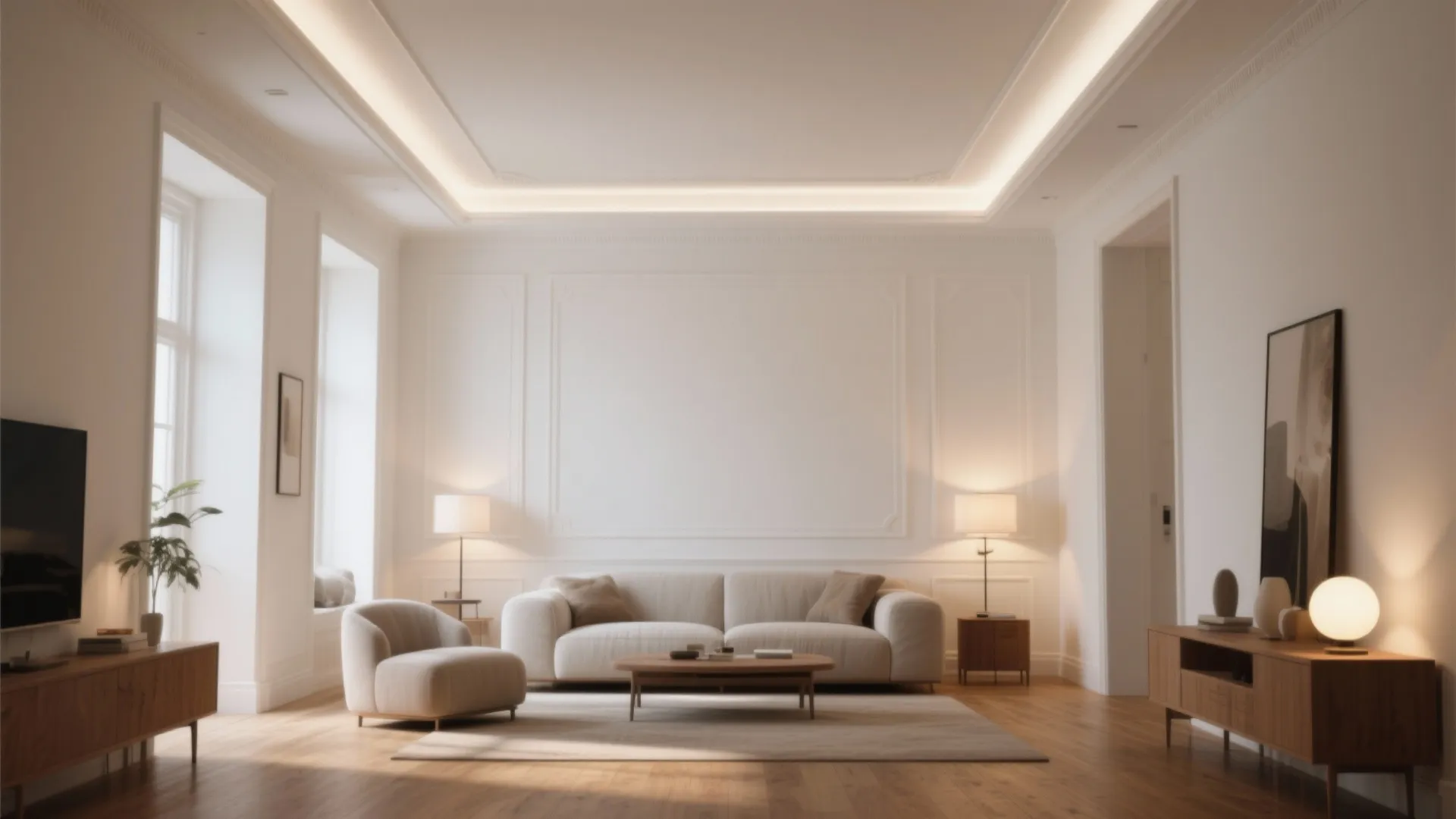 Living room with soft wall white and brighter white trim and ceiling that visually lifts the space.