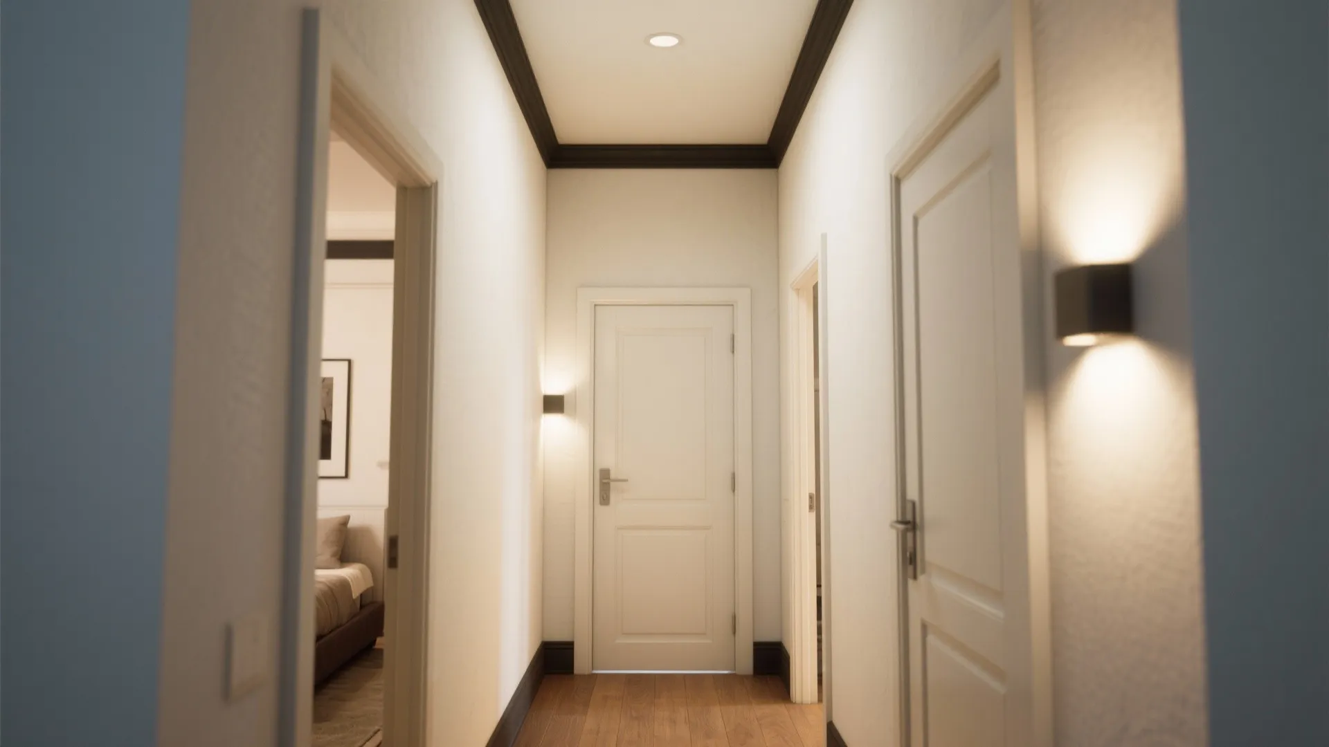 Modern hallway featuring white walls dark ceiling trim wooden floor white doors and wall lights