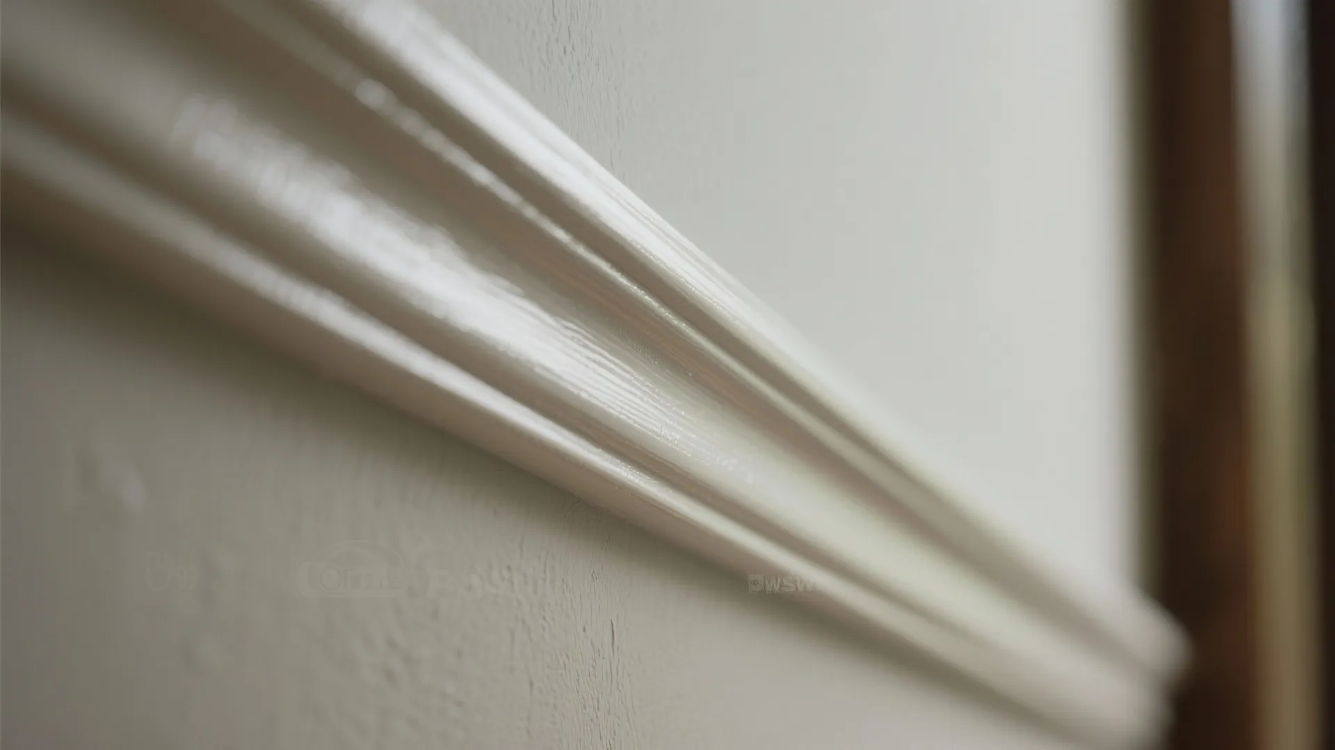 Close up view of white decorative wall panel trim detail with soft lighting in room