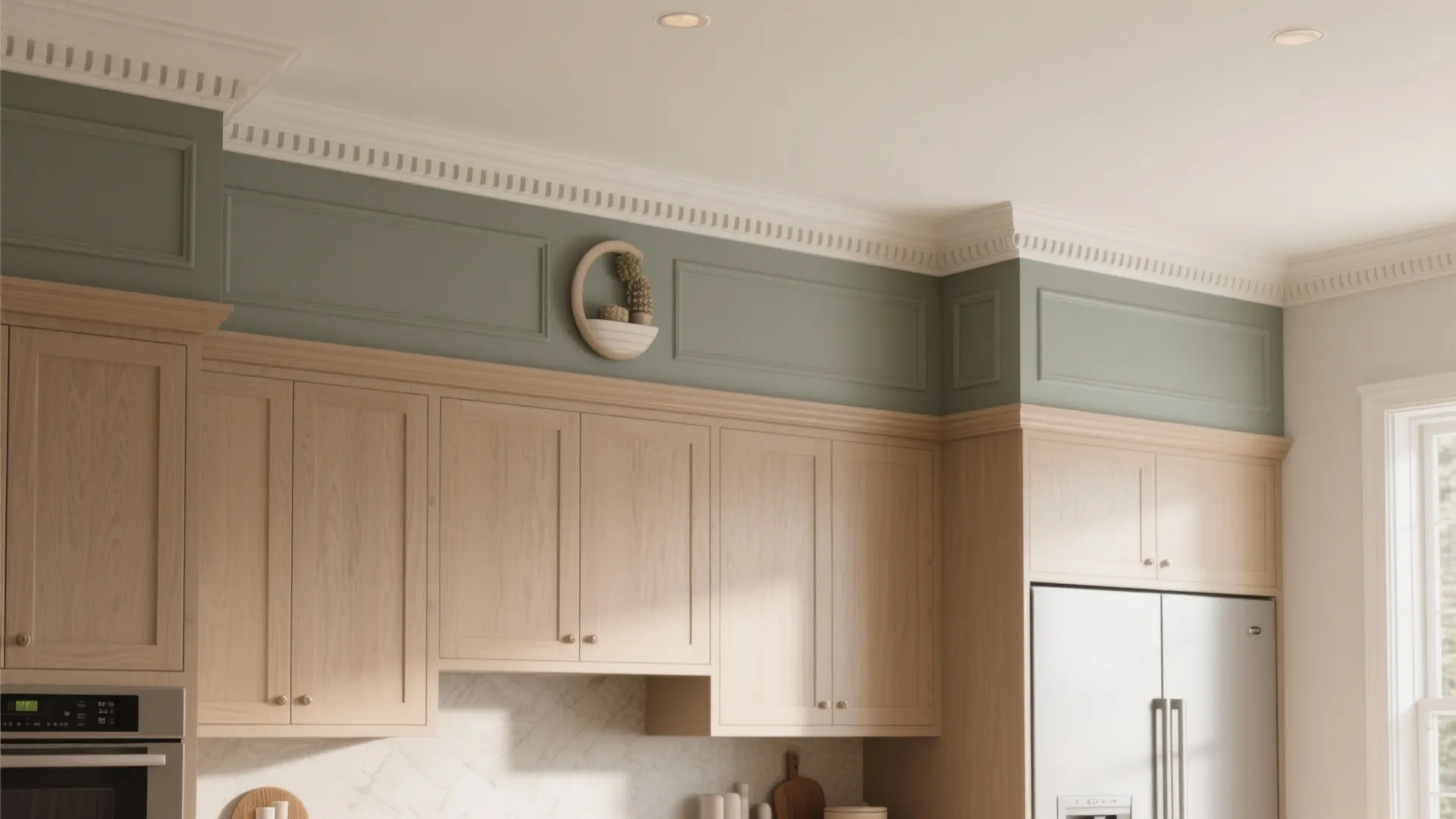 Light wood kitchen cabinets with green wall panel above and white ceiling with small lights