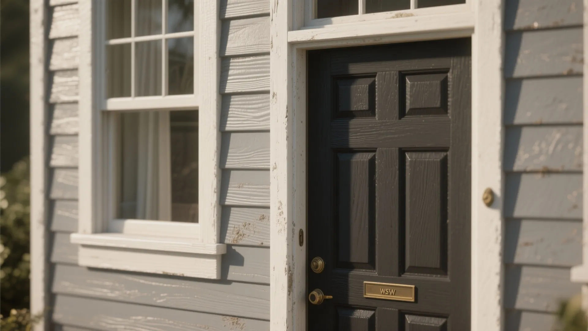 Black front door with gold handle and nameplate next to a white window and siding