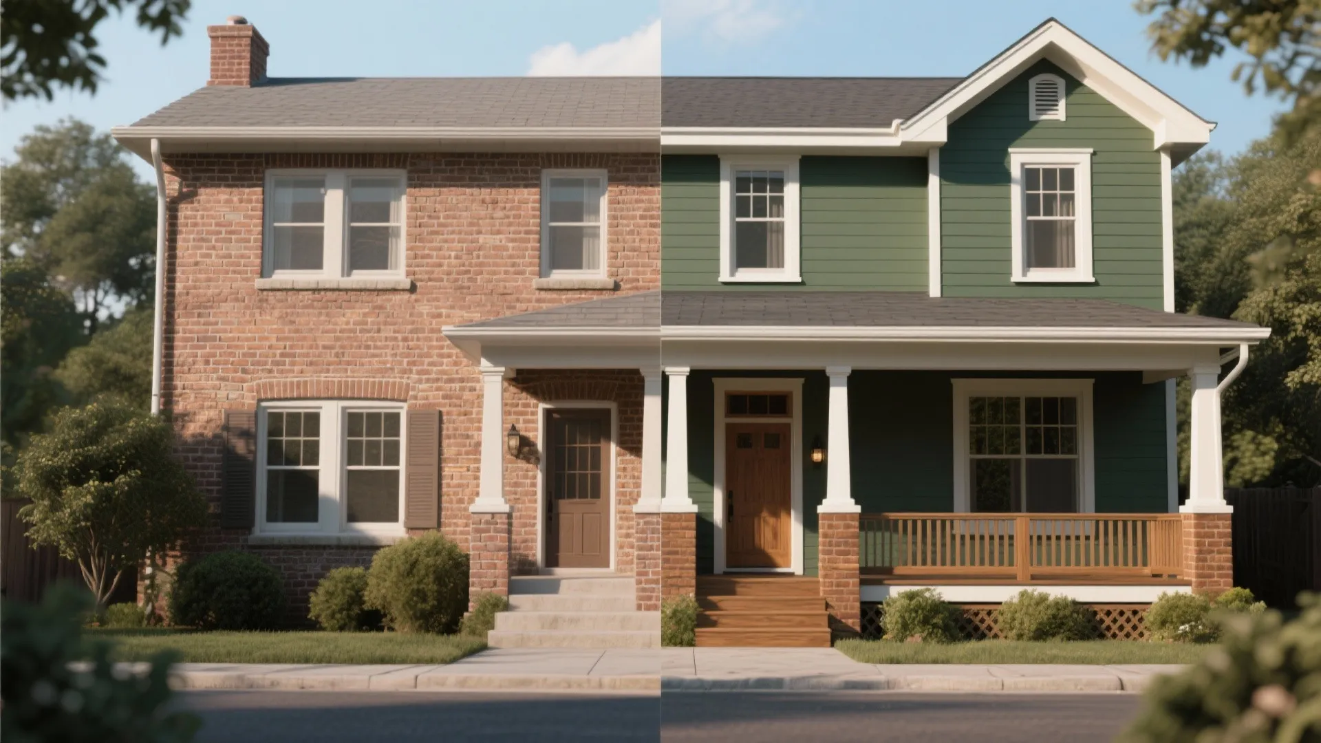 Before and after comparison showing old red brick house versus renovated green siding house exterior
