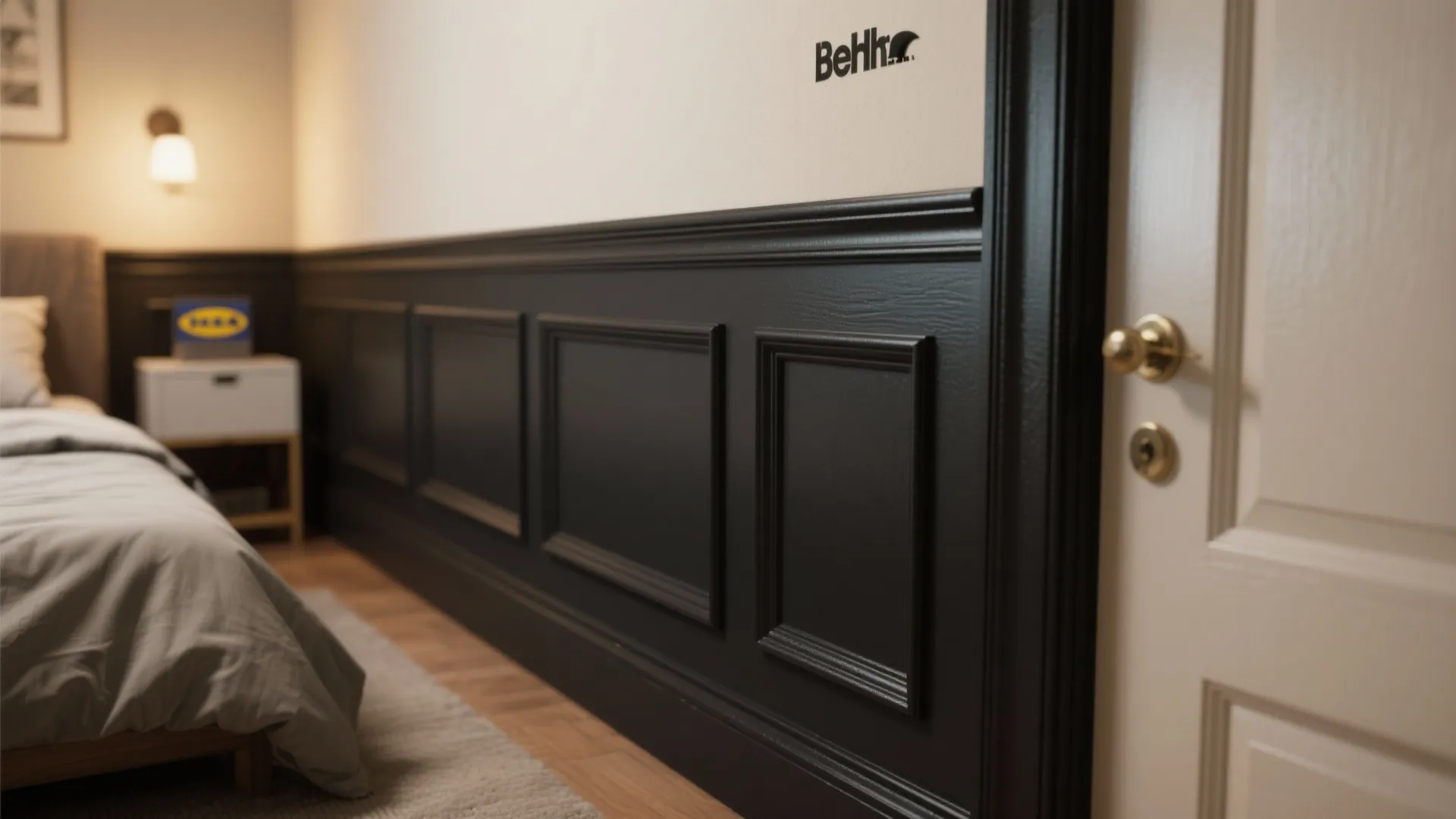 Modern bedroom interior featuring black wall panel design against white walls near a white door