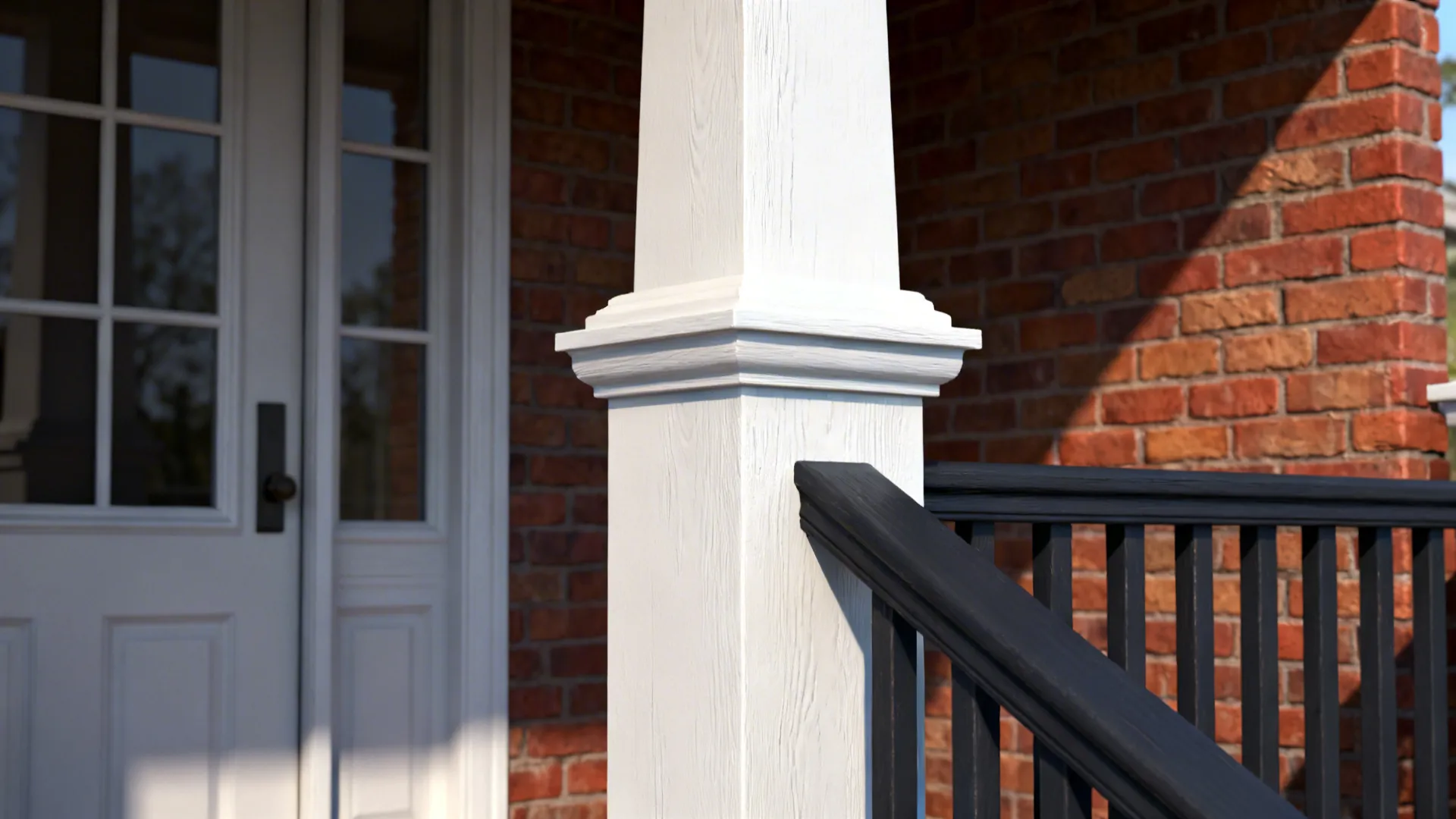 Close-up of white painted trim and charcoal railing contrasting with red-brown brick on a porch.