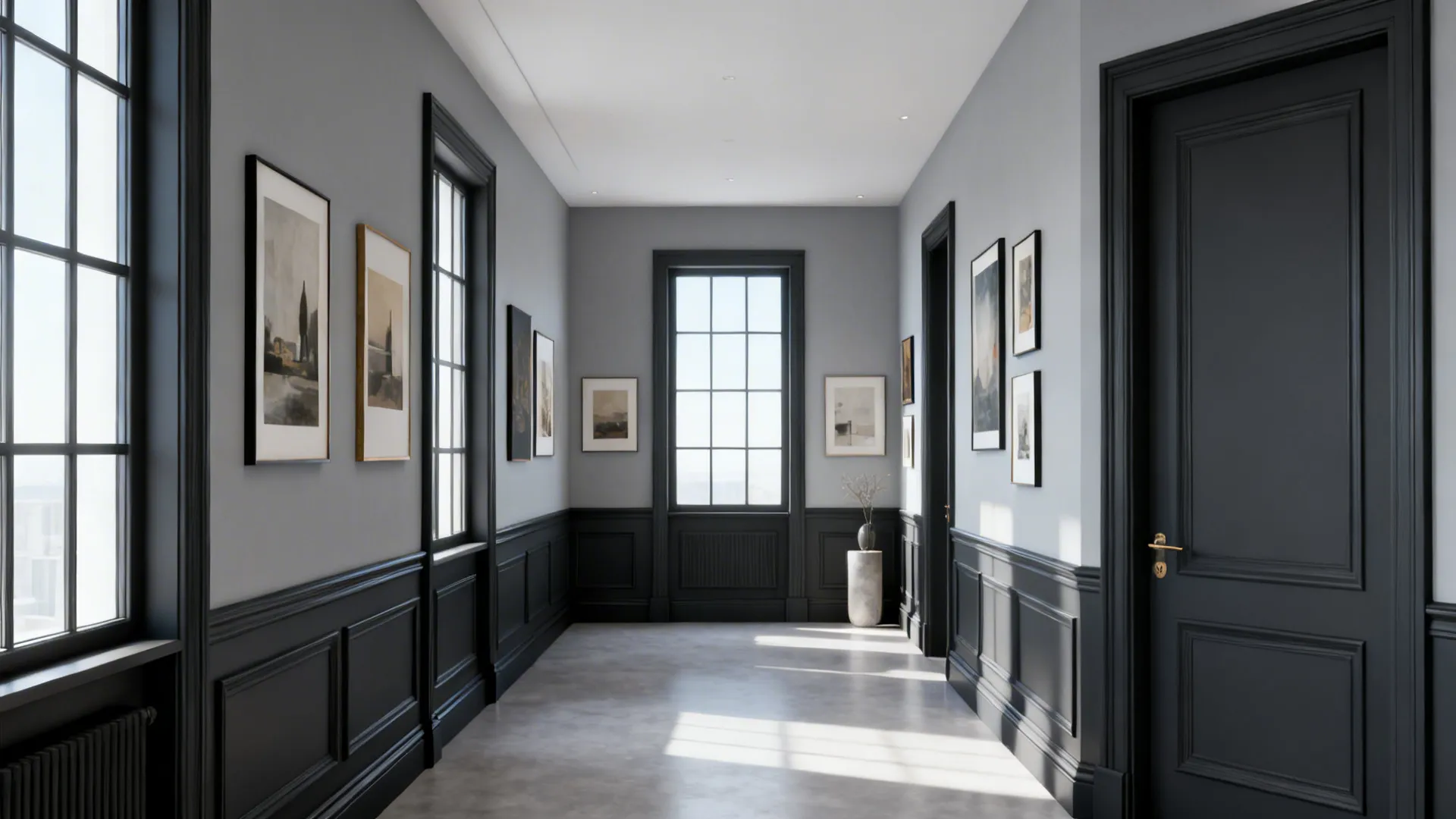 Room where dark grey trim frames windows and doors against light grey walls, highlighting architectural details