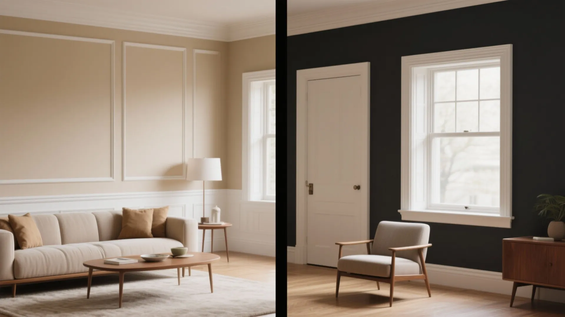 Before and after comparison of beige living room walls versus dark black paint for interior design