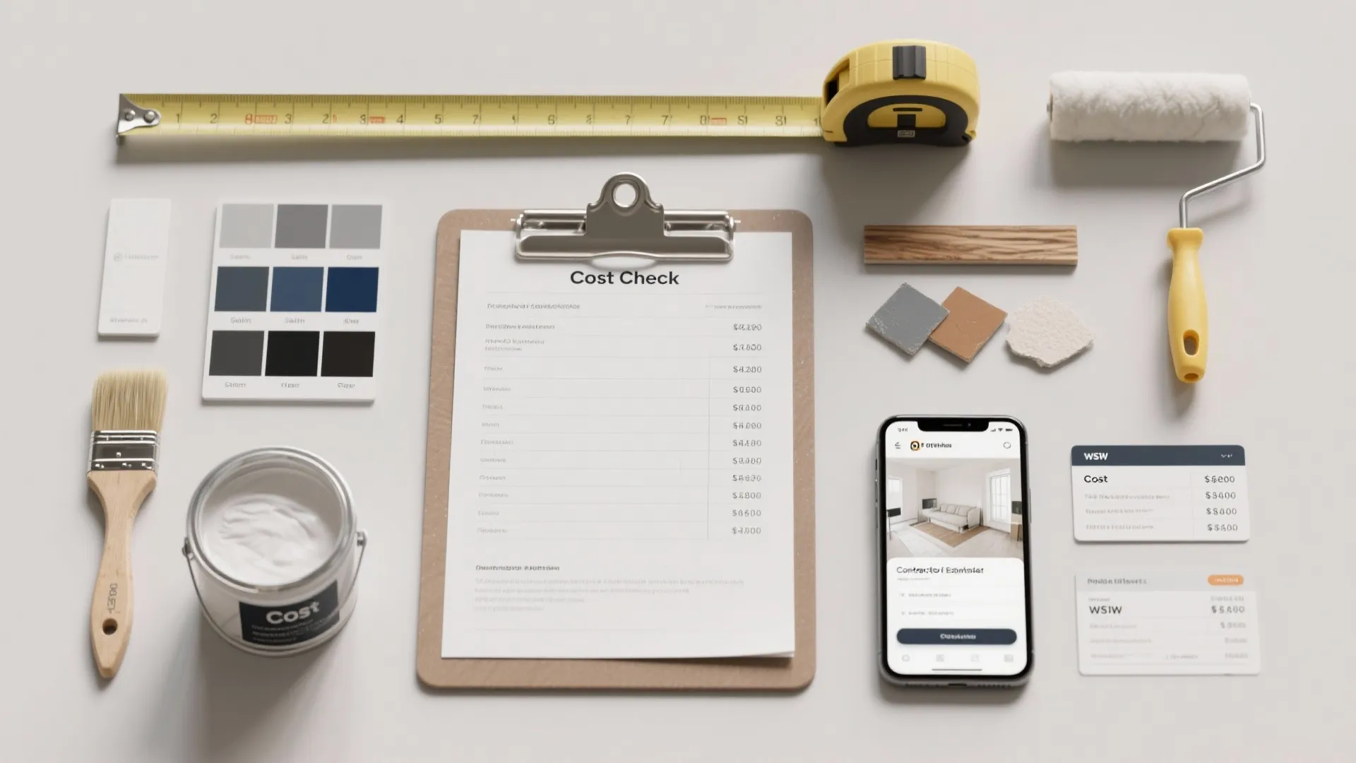 Home renovation tools including a cost checklist clipboard paint can brush roller and a tape