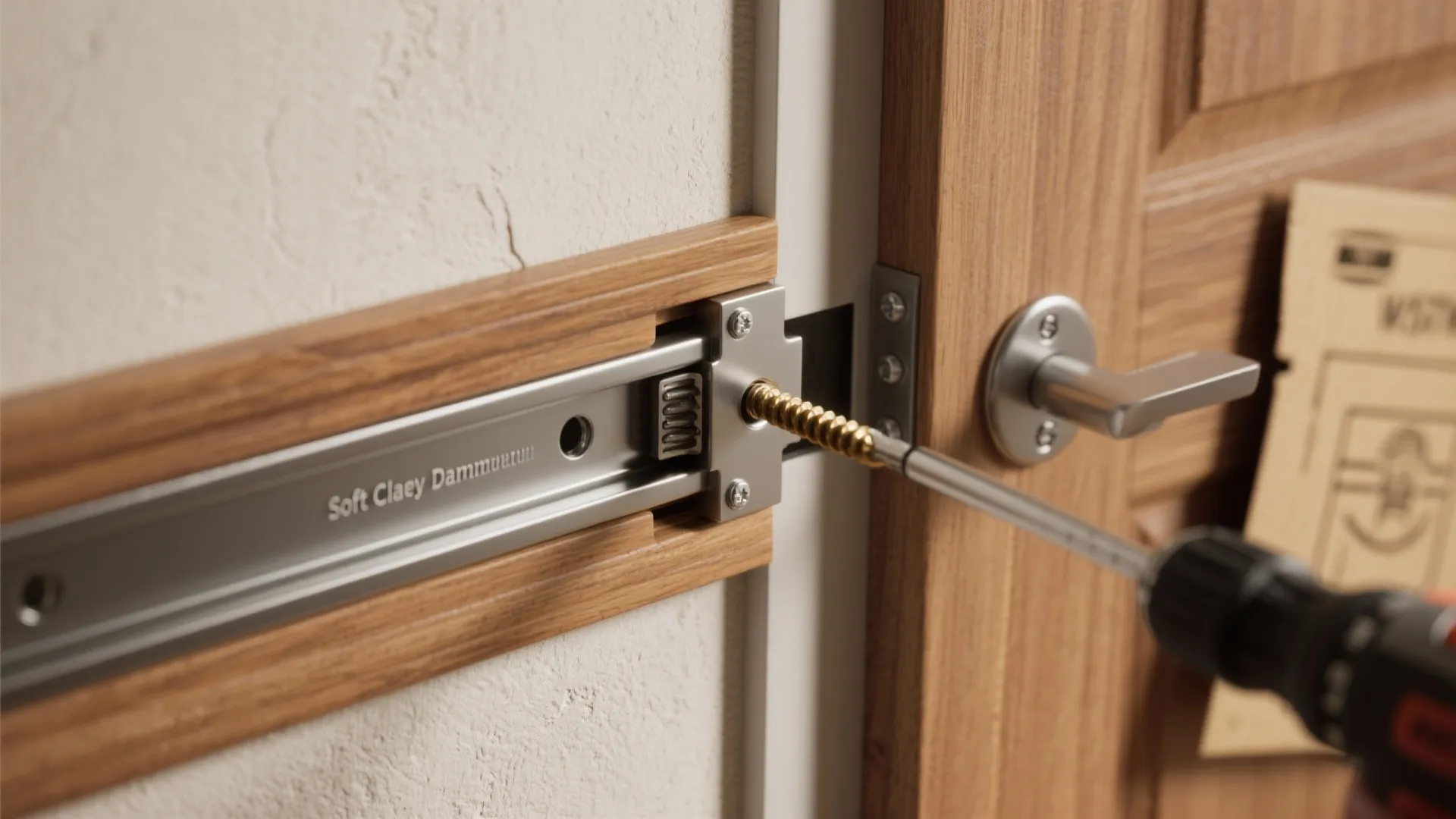 Using a power drill to drive a screw into a metal sliding door track system