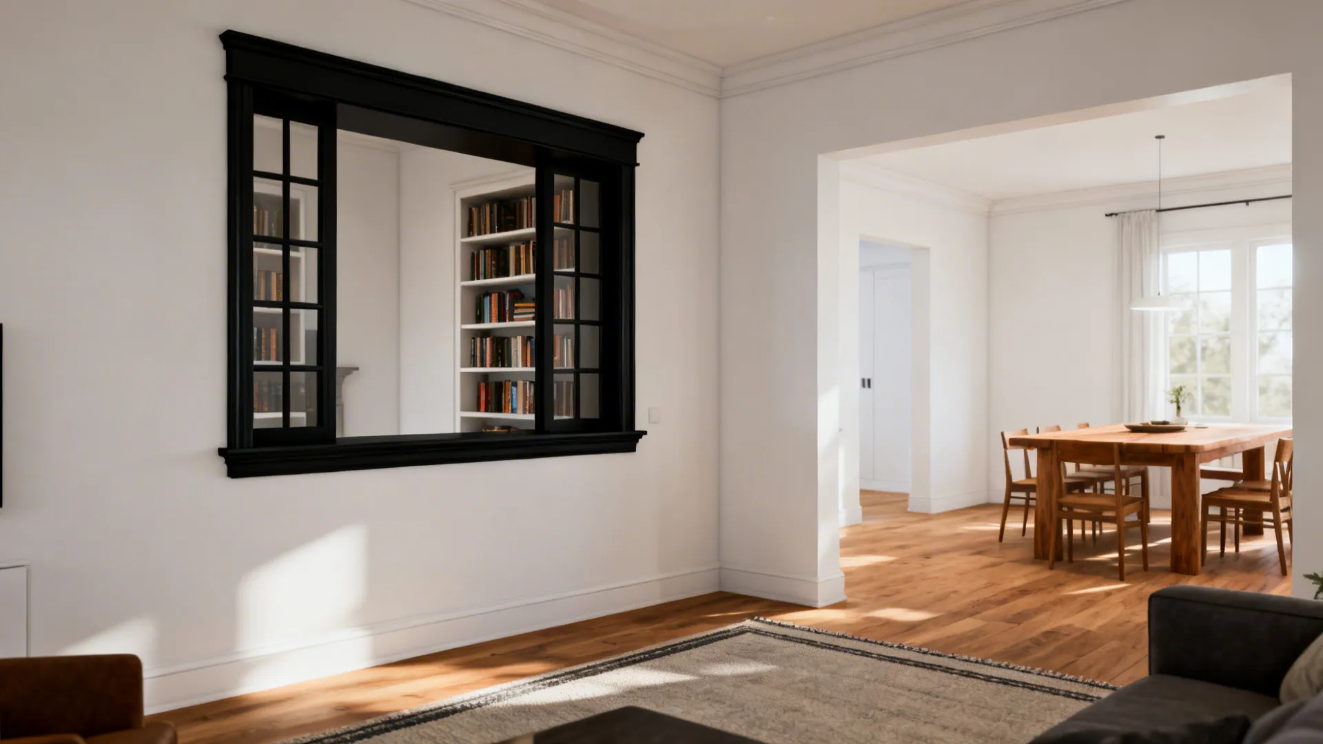 Open-plan living and dining with black trim defining the living zone and window bay framing.