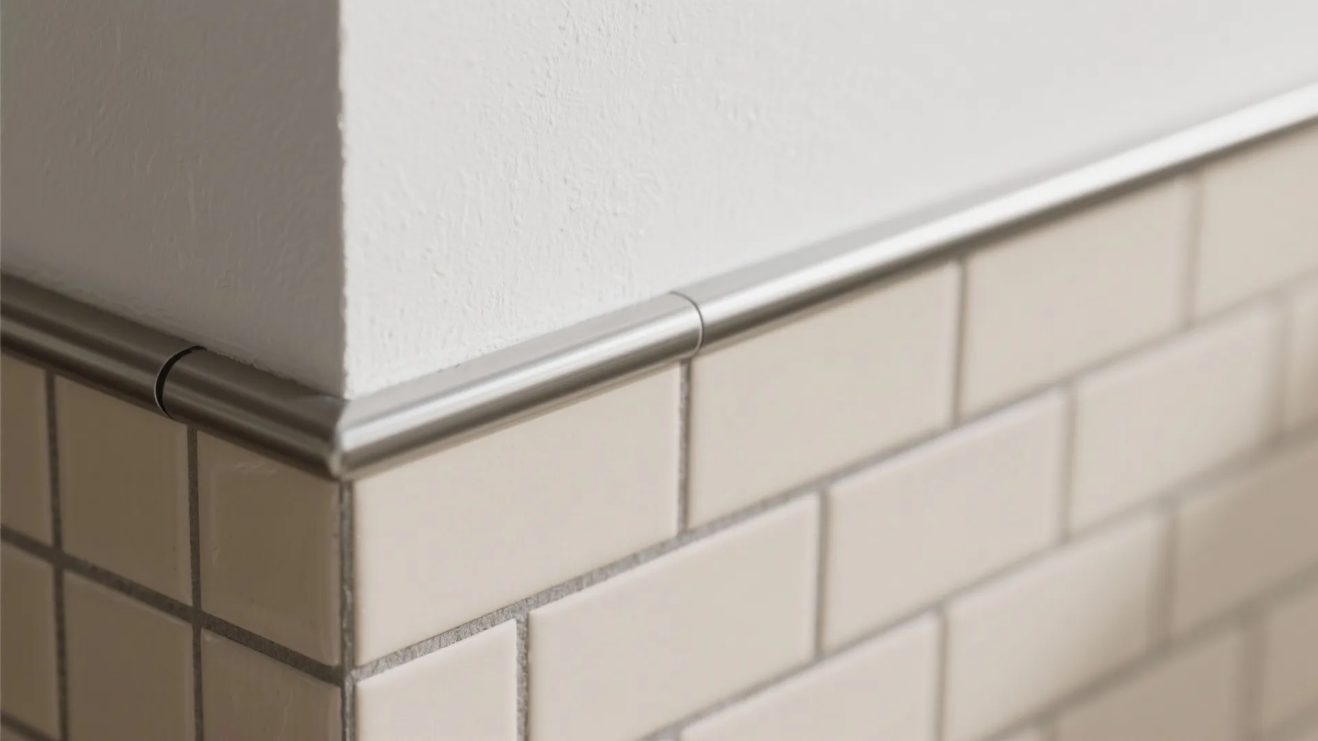 Macro view of a ceramic tile edge with metal L-profile trim and neat grout at the paint transition.