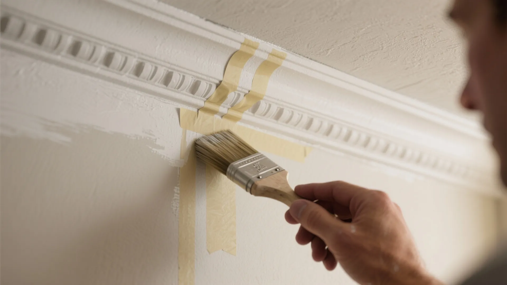 Macro shot of a painter cutting-in a crisp edge between wall and crown moulding with a sash brush.