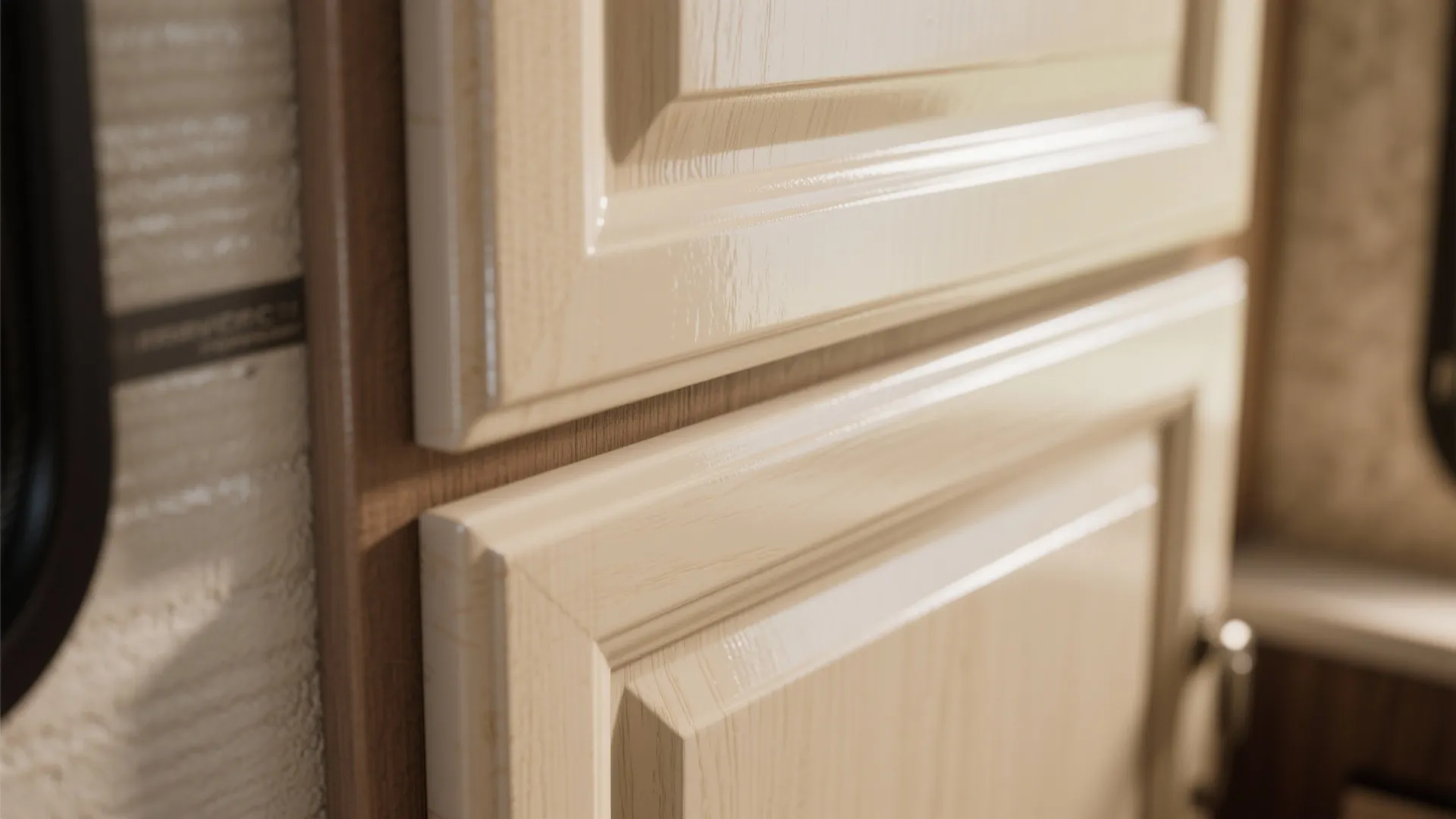 Macro view of a sealed cabinet edge with satin clear coat showing durable finish and crisp trim seam