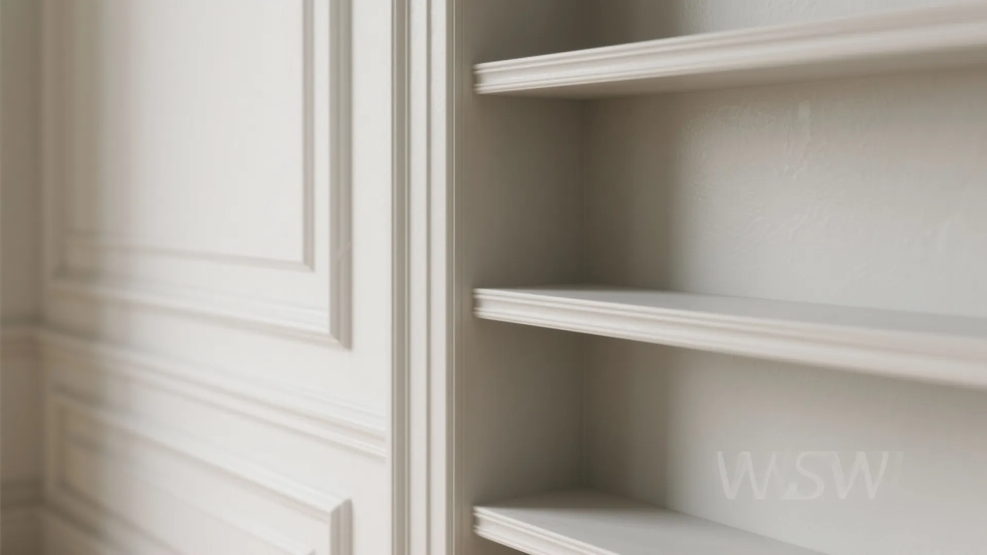 Recessed shelving and trim painted in slightly different white tones to create subtle depth and drama.