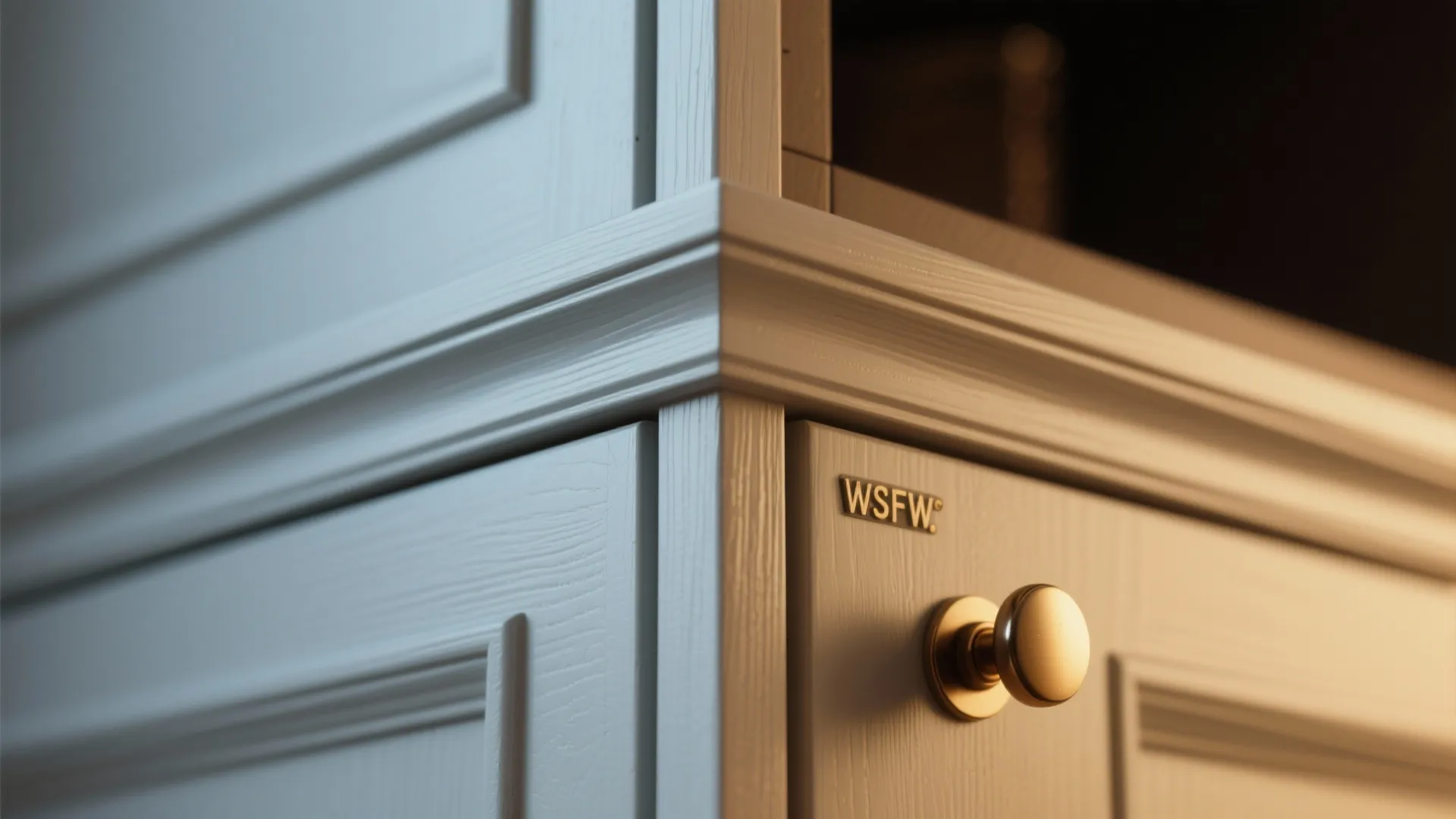 Close up of white wooden cabinet doors with wall panel detail and a gold handle