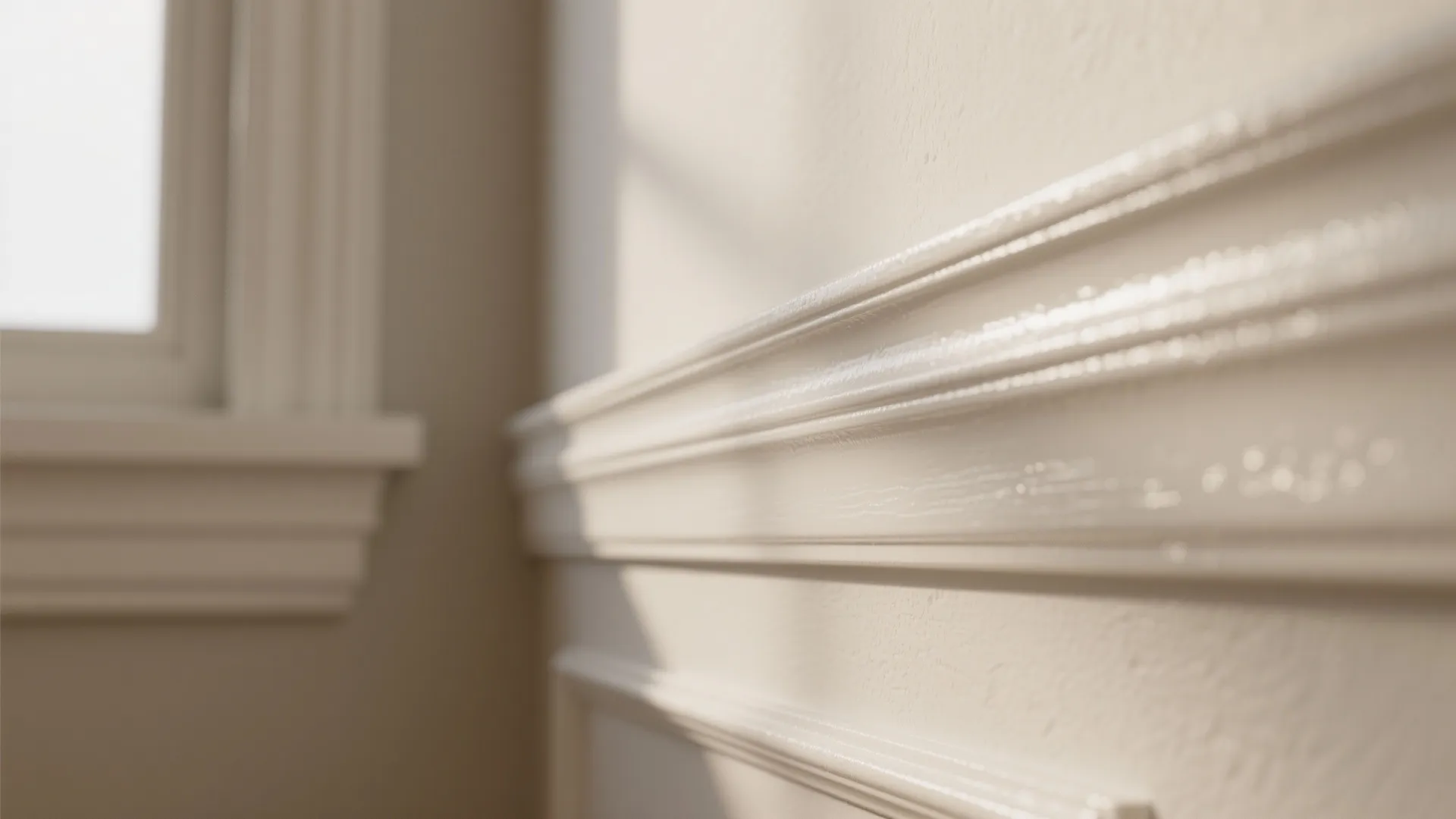 Close up view of white wall panel trim detail next to a bright room window