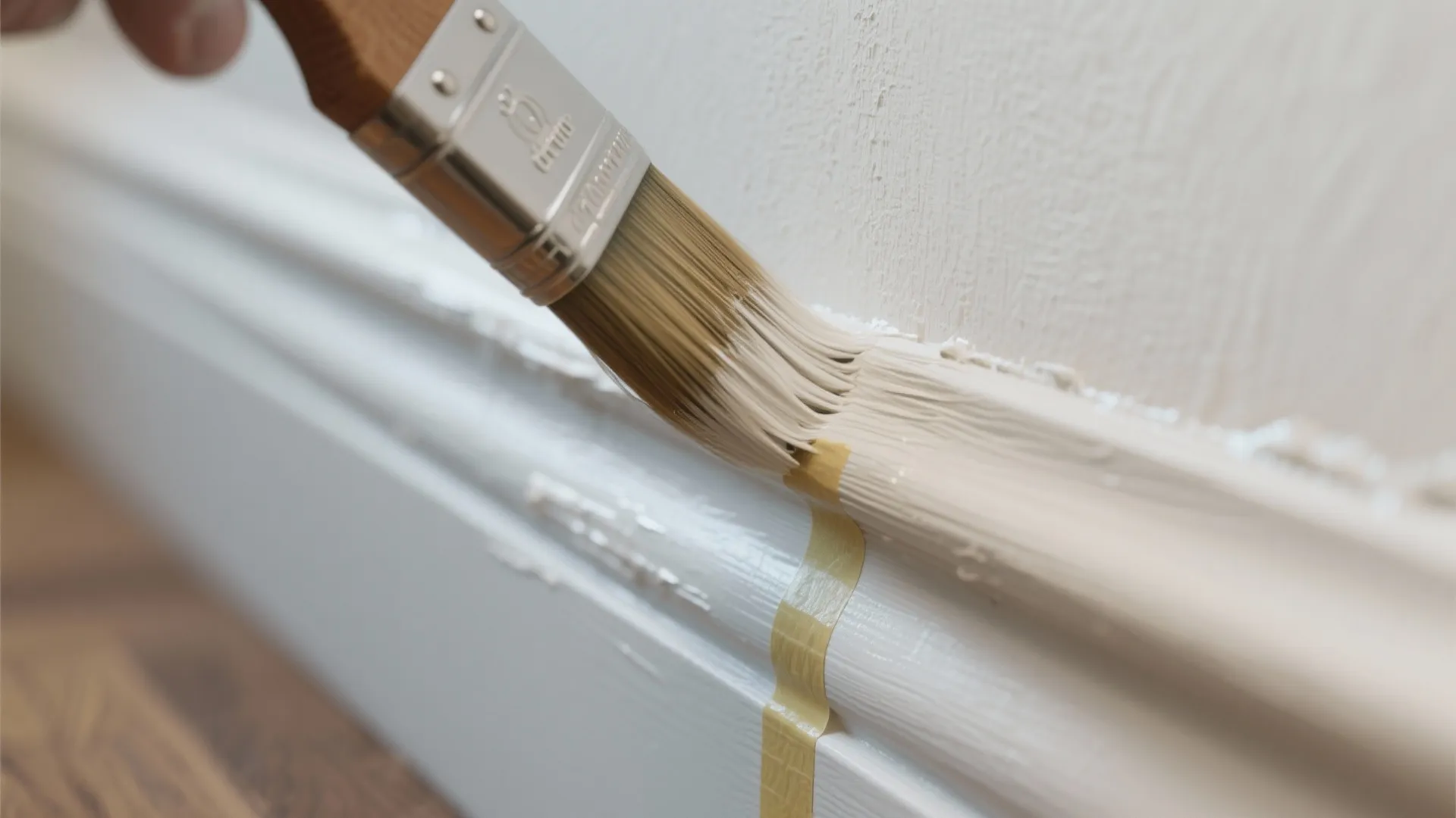 Close up of a hand using a small brush to apply white paint on wall panel