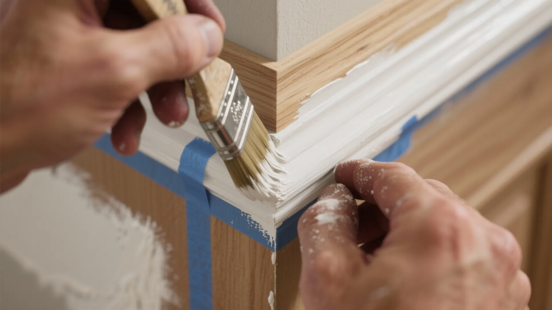 Person painting white color on a wooden wall panel using brush with blue painter tape
