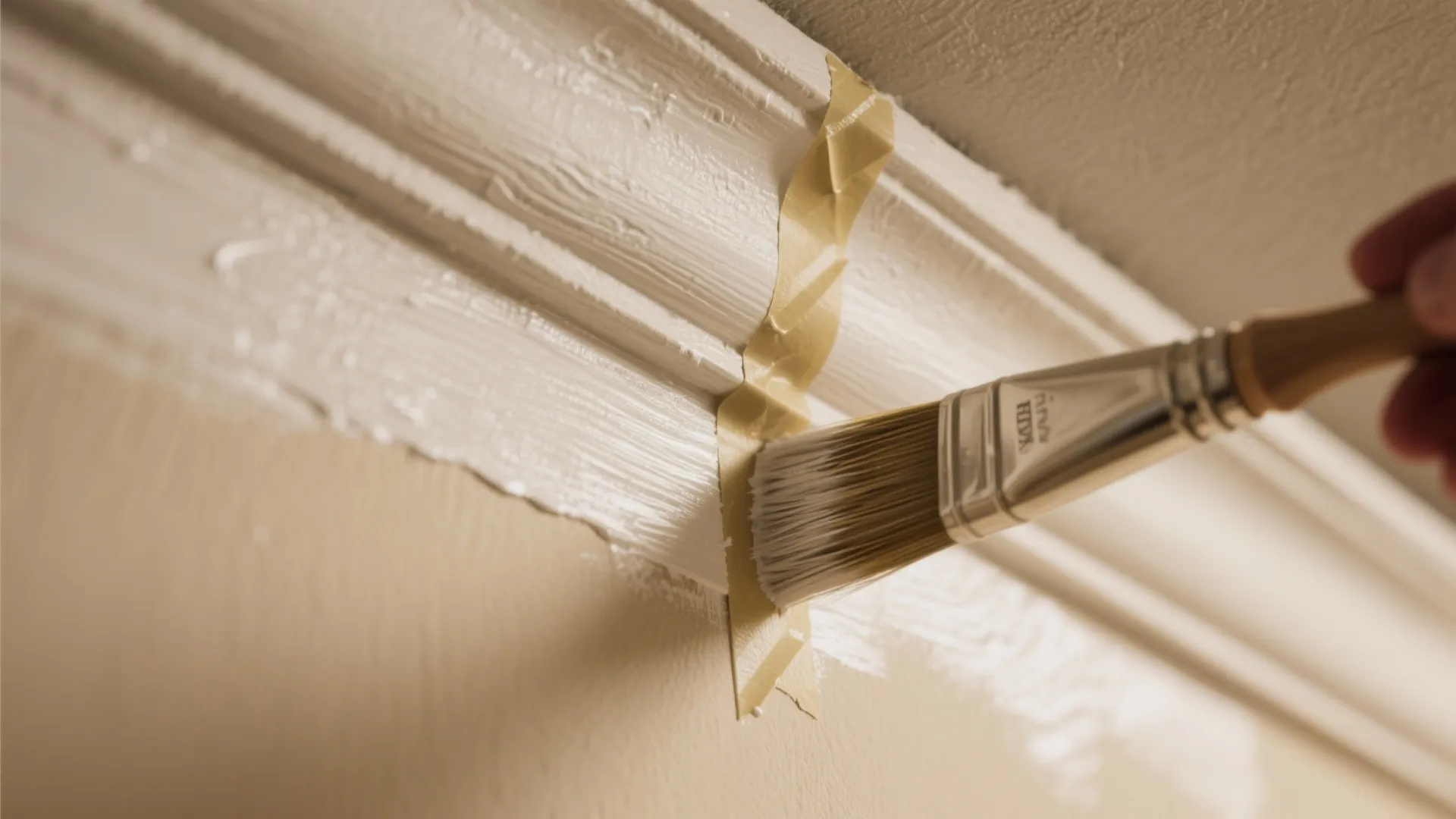 Hand using a brush to paint white wall paneling with tape for clean edges detail