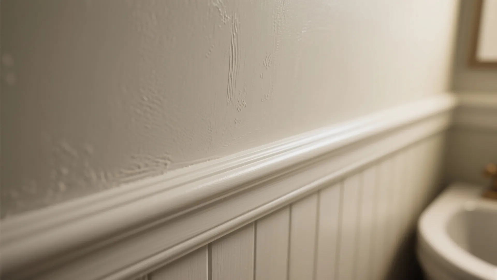 Close up of white wall panel design with decorative molding inside a bright modern bathroom